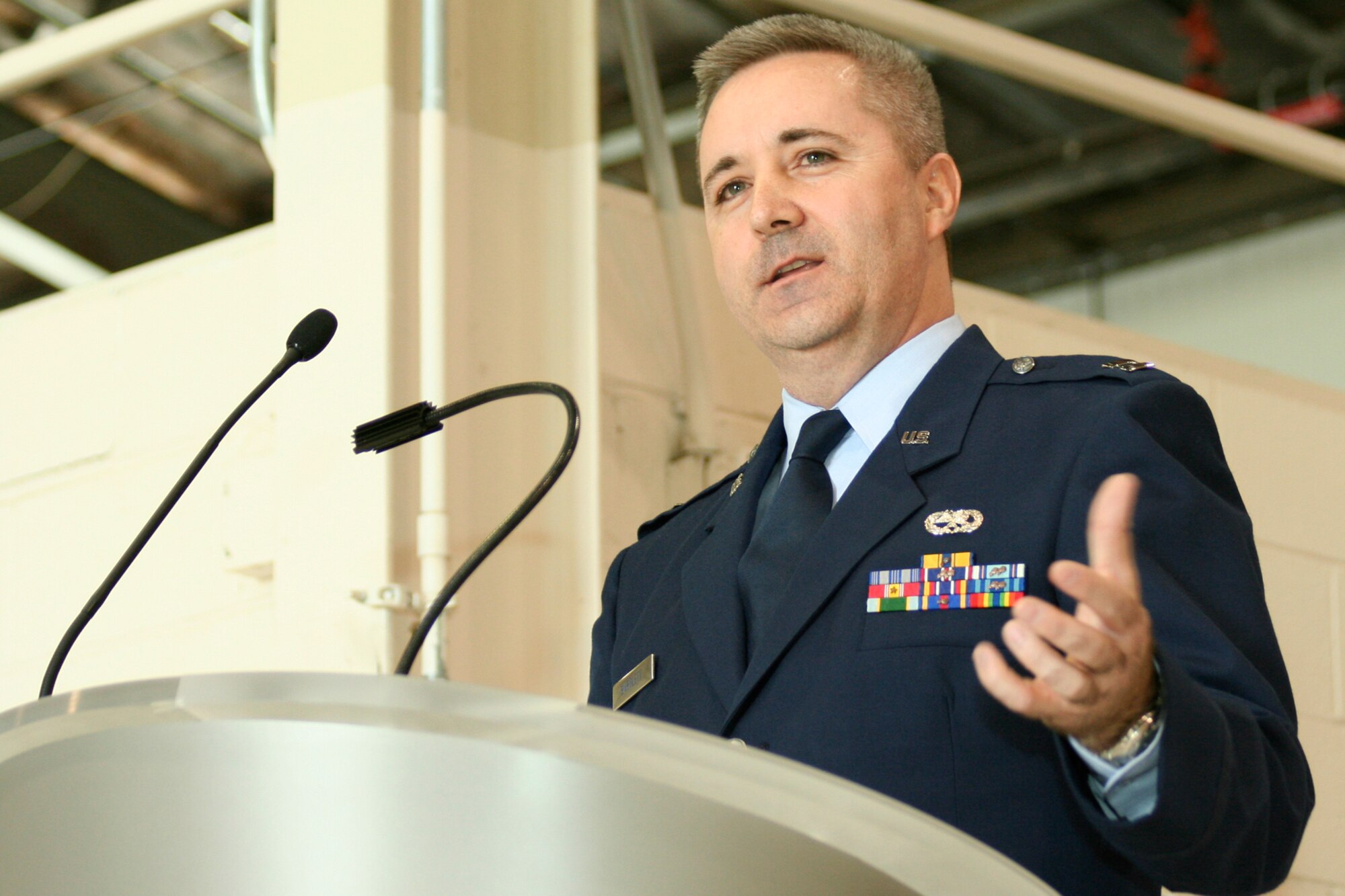 GRISSOM AIR RESERVE BASE, Ind., -- Capt. Timothy Bartlett, 434th Aircraft Maintenance Squadron commander, addresses his unit following his recent assumption of command. Captain Bartlett replaces Lt. Col. Stephen Whicker as the 434th AMXS commander. (U.S. Air Force photo/Tech. Sgt. Patrick Kuminecz)