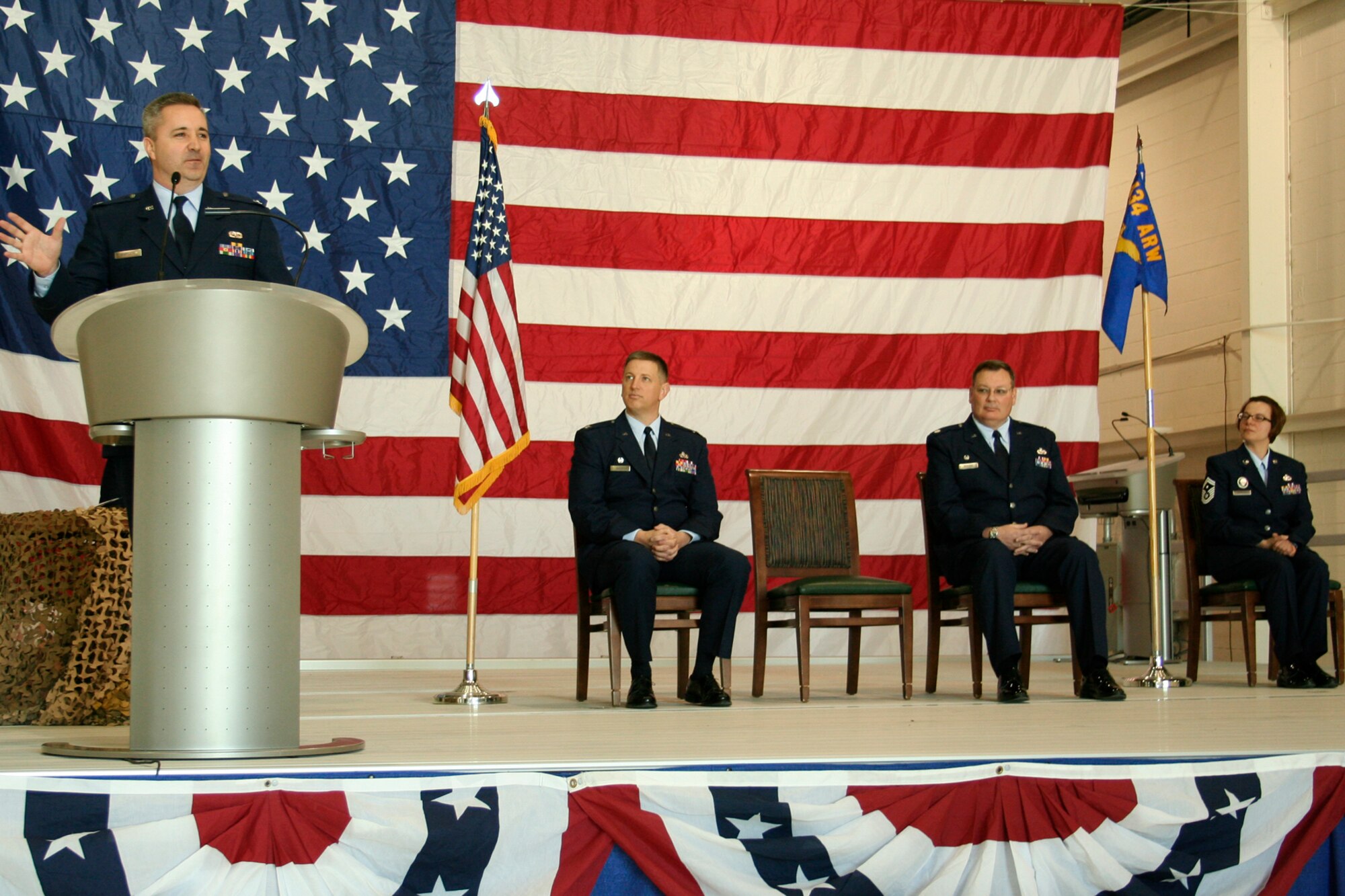 GRISSOM AIR RESERVE BASE, Ind., -- Capt. Timothy Bartlett addresses the formation after taking command of the 434th Aircraft Maintenance Squadron, during ceremonies held during the April unit training assembly. Captain Bartlett, replaces Lt. Col. Stephen Whicker as the top maintainer in the squadron. (U.S. Air Force photo/Tech. Sgt. Patrick Kuminecz)