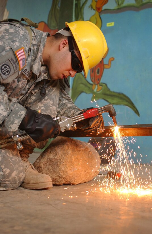 LAS MESAS, Honduras: U.S. Army Reserve welder Sgt Juan M. Ozuna of the 672nd Engineer Company constructs burglar bars for the grade school of this rural village. Soldiers from the 672nd, 756th, and 1430th Engineer Companies are working in Las Mesas during the joint forces training exercise Beyond the Horizon. They will replace the school's doors and windows, repair the roof, and repaint the entire structure, in addition to improving a soccer field on which local children play. Beyond the Horizon provides infrastructure renovation, as well as basic medical and dental care, to areas across this Central American country. (Photo by Sgt. Claude W. Flowers, 304th Public Affairs Detachment.)