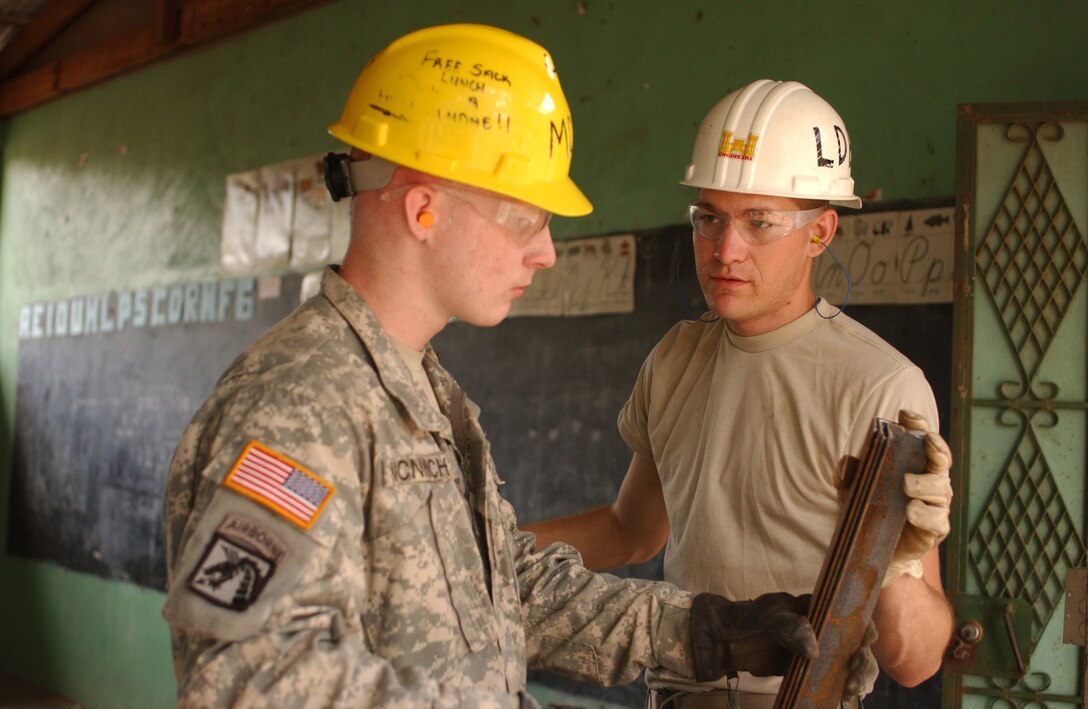 LAS MESAS, Honduras: U.S. Army Reserve welder Spc. Bradley McNintch (left) and assistant Pfc. Cody W. Glasser of the 672nd Engineer Company discuss plans to construct burglar bars for the grade school of this rural village. Soldiers from the 672nd, 756th, and 1430th Engineer Companies are working in Las Mesas during the joint forces training exercise Beyond the Horizon. They will replace the school's doors and windows, repair the roof, and repaint the entire structure, in addition to improving a soccer field on which local children play. Beyond the Horizon provides infrastructure renovation, as well as basic medical and dental care, to rural areas of this Central American country. (Photo by Sgt. Claude W. Flowers, 304th Public Affairs Detachment.)