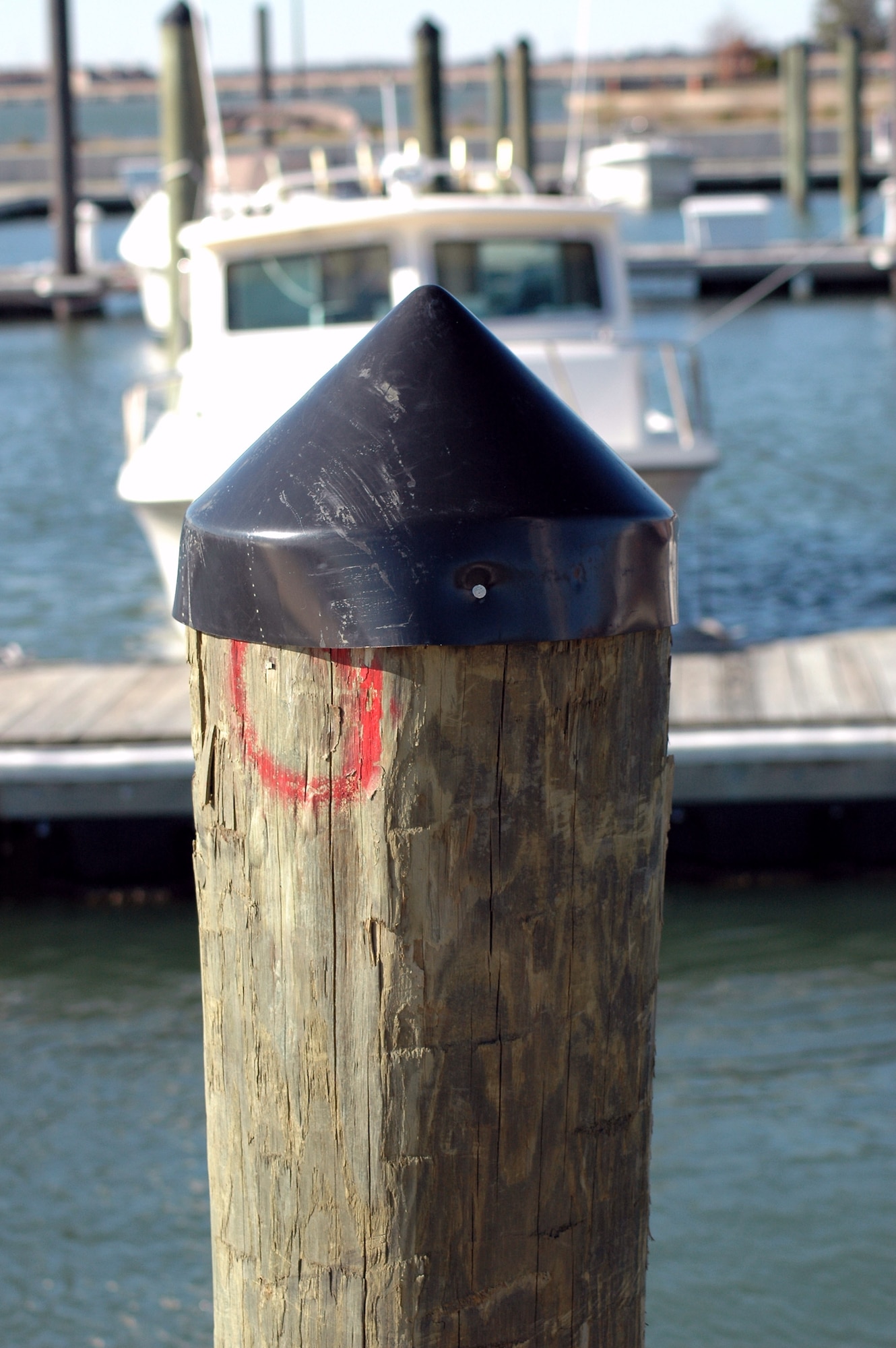 Cone devices are placed on peer poles where birds would perch, loof or roost near Langley Air Force Base, Va. They are placed by the Bird and Wildlife Aircraft Strike Hazard team to lower bird activity. This in turn lowers the chances of bird strikes with aircraft. (U.S. Air Force photo) 
