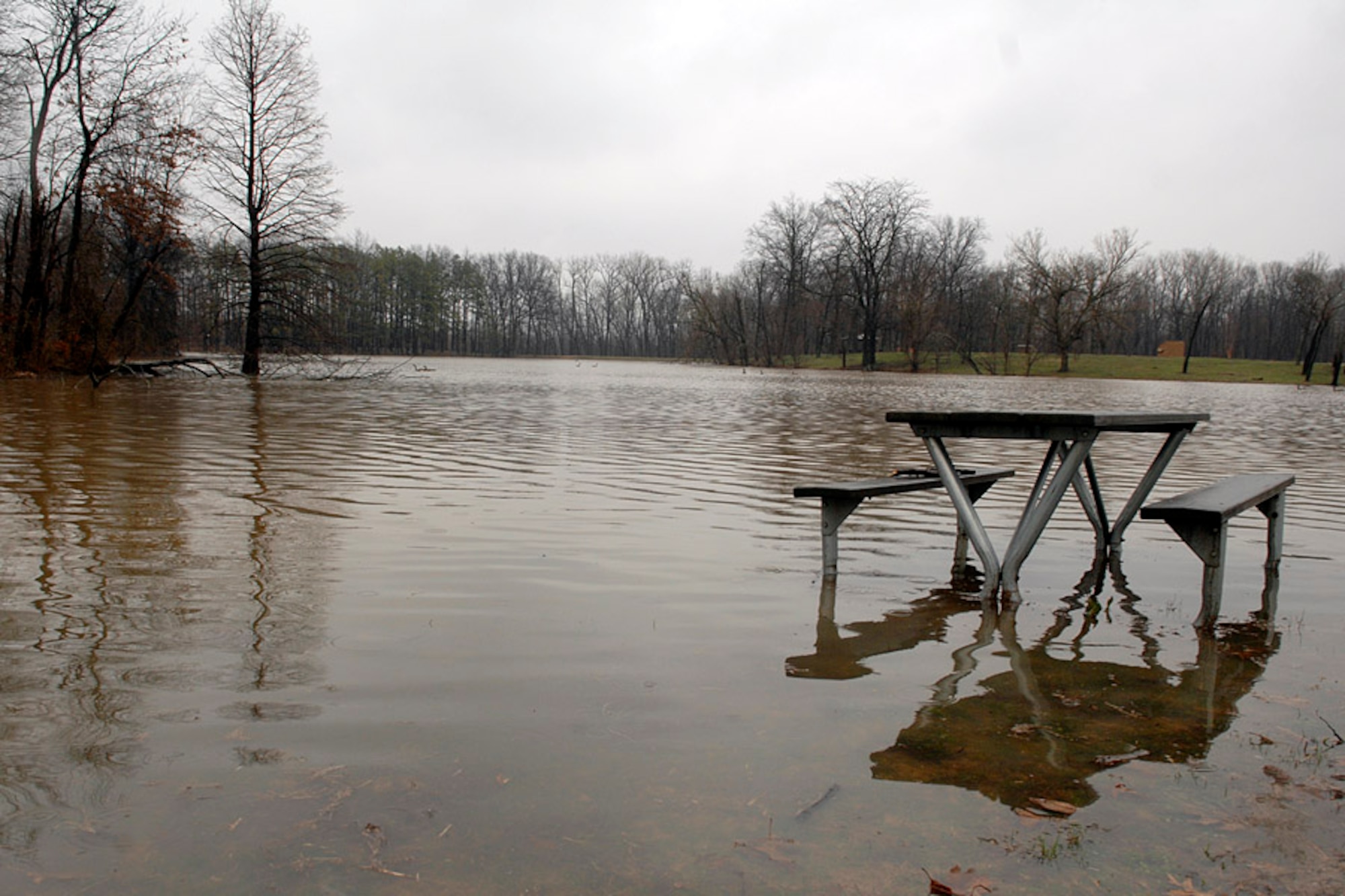 SCOTT AIR FORCE BASE, Ill. -- Picnic tables at Scott Lake were surrounded by water due to excessive rain March 19. (U.S. Air Force photo/Airman 1st Class Megan Gilliland)