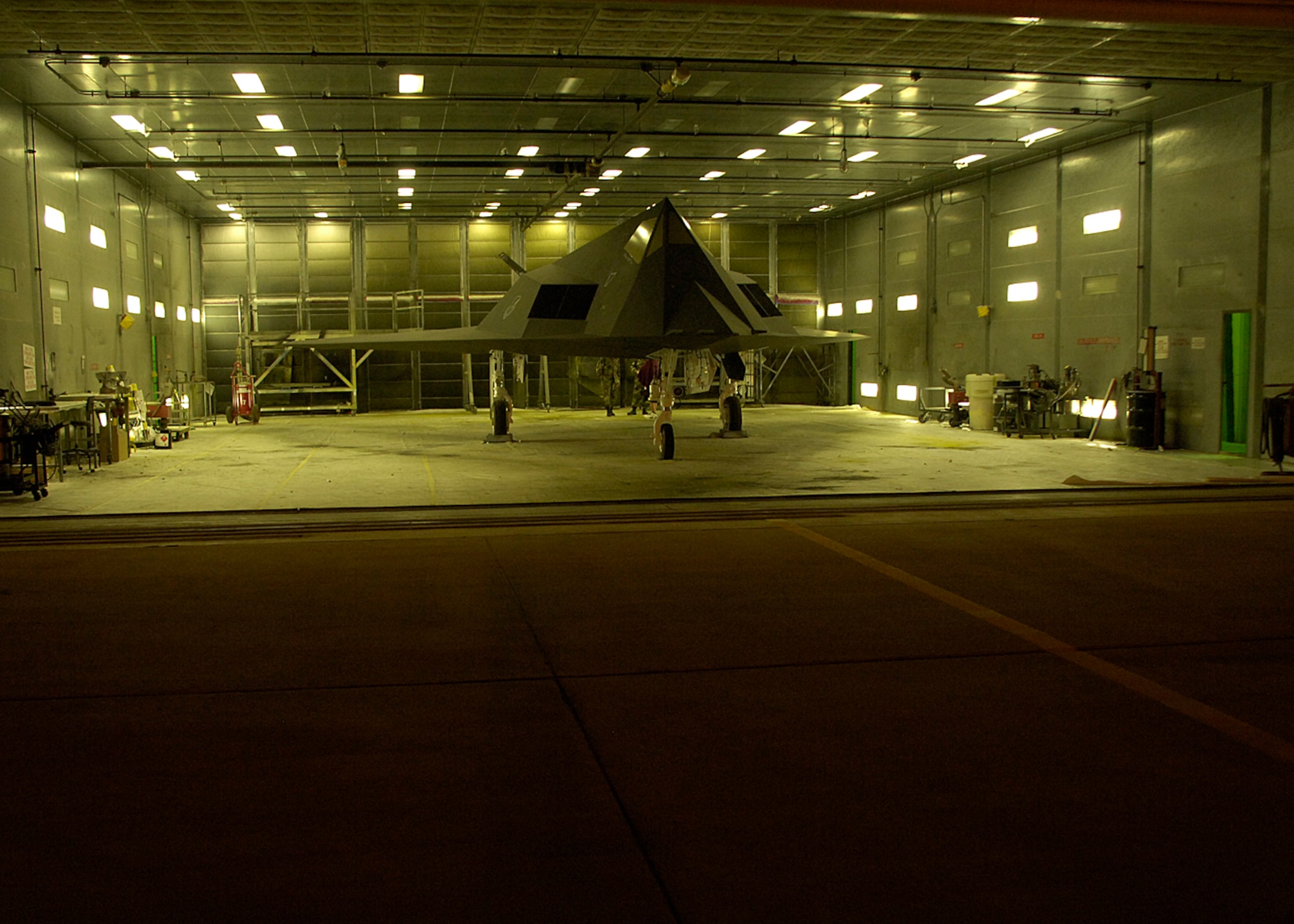 HOLLOMAN AIR FORCE BASE, N.M. -- An F-117A sits in a hanger before being towed across base to it’s new home in Heritage Park. (U.S. Air Force photo/Airman 1st Class Michael J. Means)