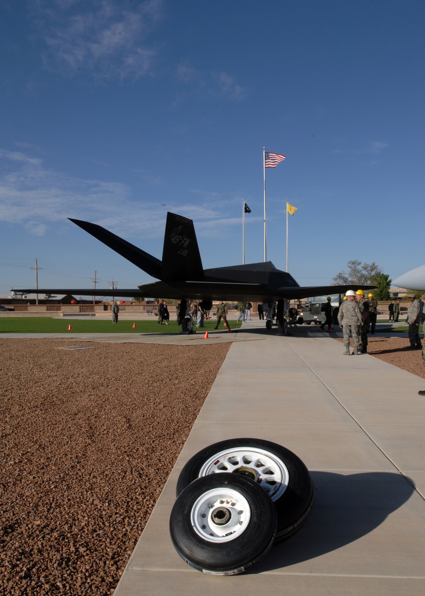 HOLLOMAN AIR FORCE BASE, N.M. -- Due to the upcoming retirement, an F-117A was moved to Heritage Park here, April 5, for all of Team Holloman to see and remember. Once the F-117A was put in its place at Heritage Park here, April 5, these new wheels were put on it, to replace the used ones. (U.S. Air Force photo by Airman Sondra M. Wieseler)