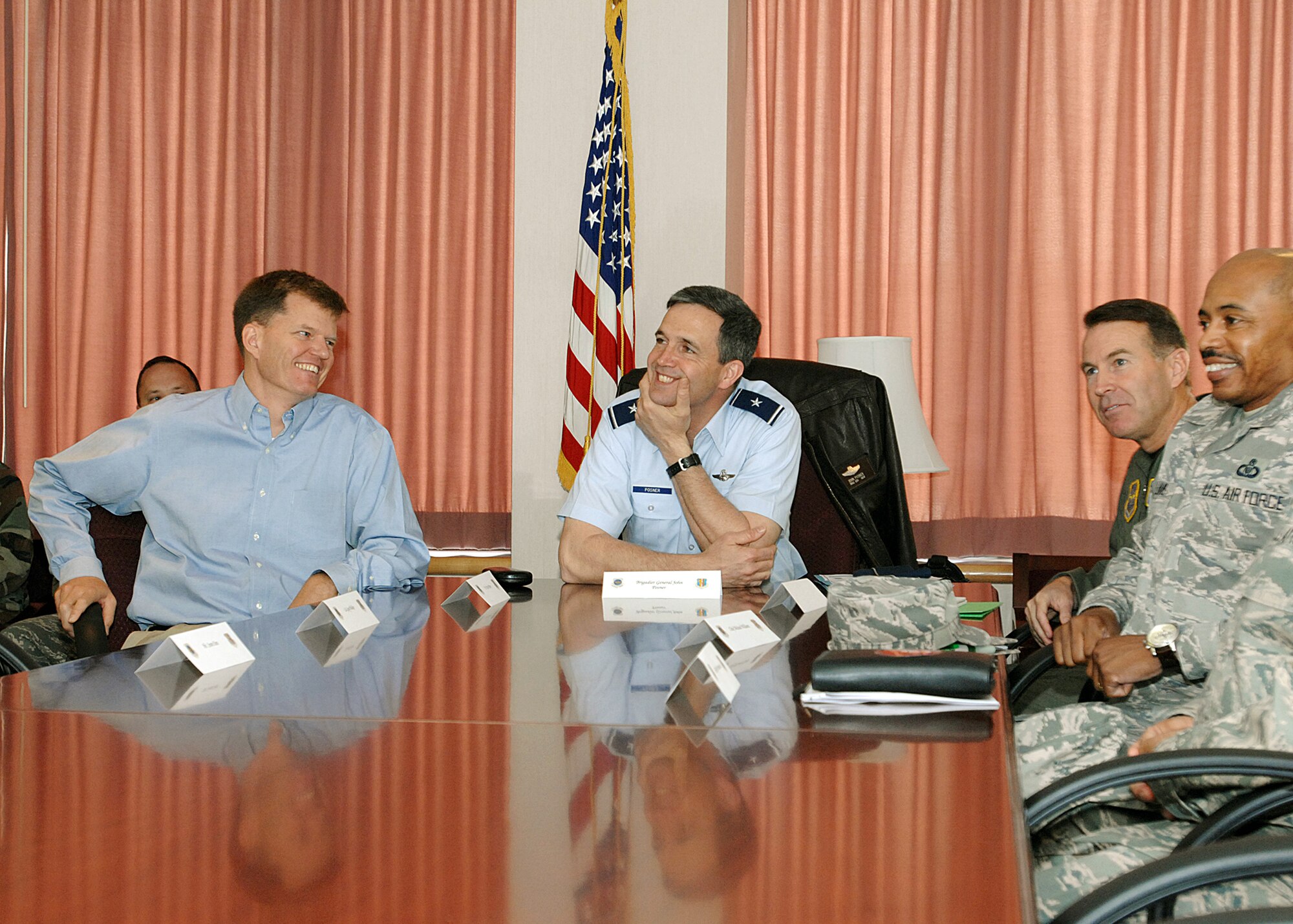 Brigadier General John Posner, Director, Air Force Smart Operations, Office of the Secretary of the Air Force, and Dr. Ron Ritter, Special Assistant for Air Force Smart Operations to the Secretary of the Air Force/Deputy Director, Air Force Smart Operations, Office of the Secretary of the Air Force, shown at David Grant Medical Center, Travis AFB, CA, prepare to receive a series of briefings on current 60 Medical Group AFSO21 initiatives. Also pictured are Col. Steven Arquiette, 60 AMW Commander, CMSgt Michael Williams, 60 AMW Command Chief. 
Travis AFB CA, U.S. Air Force Photo by David W. Cushman, DAFC
