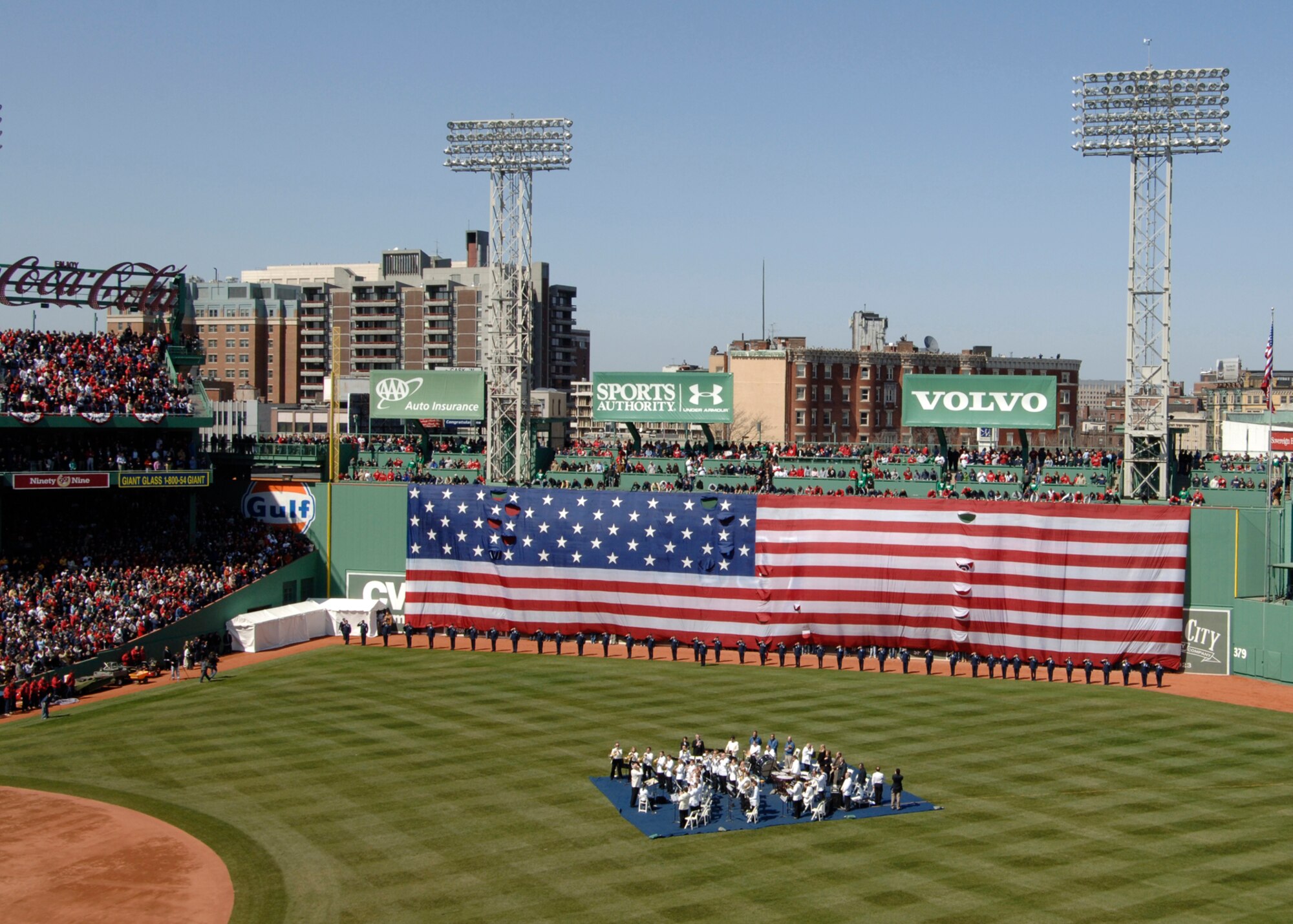 Hanscom servicemembers participate in a military formation lining the field at Fenway Park April 8 as part of Opening Day ceremonies. The Boston Red Sox played the Detroit Tigers winning the game with a score of 5-0. (U.S. Air Force photo by Walter Santos.)