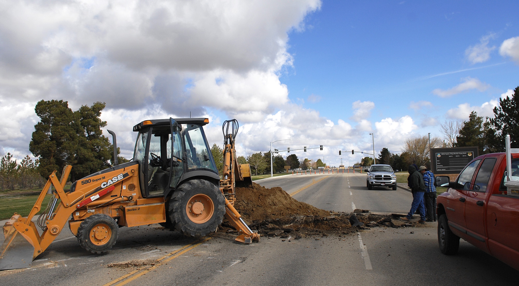 MOUNTAIN HOME AIR FORCE BASE, Idaho -- Construction began on the Mountain Home Air Force Base Main Gate April 7. The $5 million construction project, which will continue through February 2009, will consist of increasing the number of inbound and outbound lanes; building a new visitor's center and guard facility; installation of permanent popup barriers; new lighting and force protection-oriented landscaping. During the project, the final phase of resurfacing sections of Gunfighter Avenue between the main gate and the commissary will also be completed. (U.S. Air Force photo/ Airman 1st Class Ryan Crane)