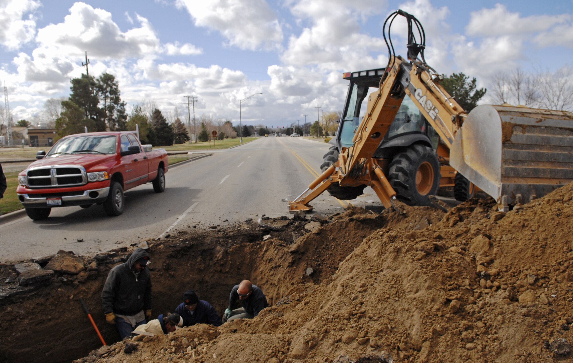 MOUNTAIN HOME AIR FORCE BASE, Idaho -- Construction began on the Mountain Home Air Force Base Main Gate April 7. The $5 million construction project, which will continue through February 2009, will consist of increasing the number of inbound and outbound lanes; building a new visitor's center and guard facility; installation of permanent popup barriers; new lighting and force protection-oriented landscaping. During the project, the final phase of resurfacing sections of Gunfighter Avenue between the main gate and the commissary will also be completed. (U.S. Air Force photo/ Airman 1st Class Ryan Crane)