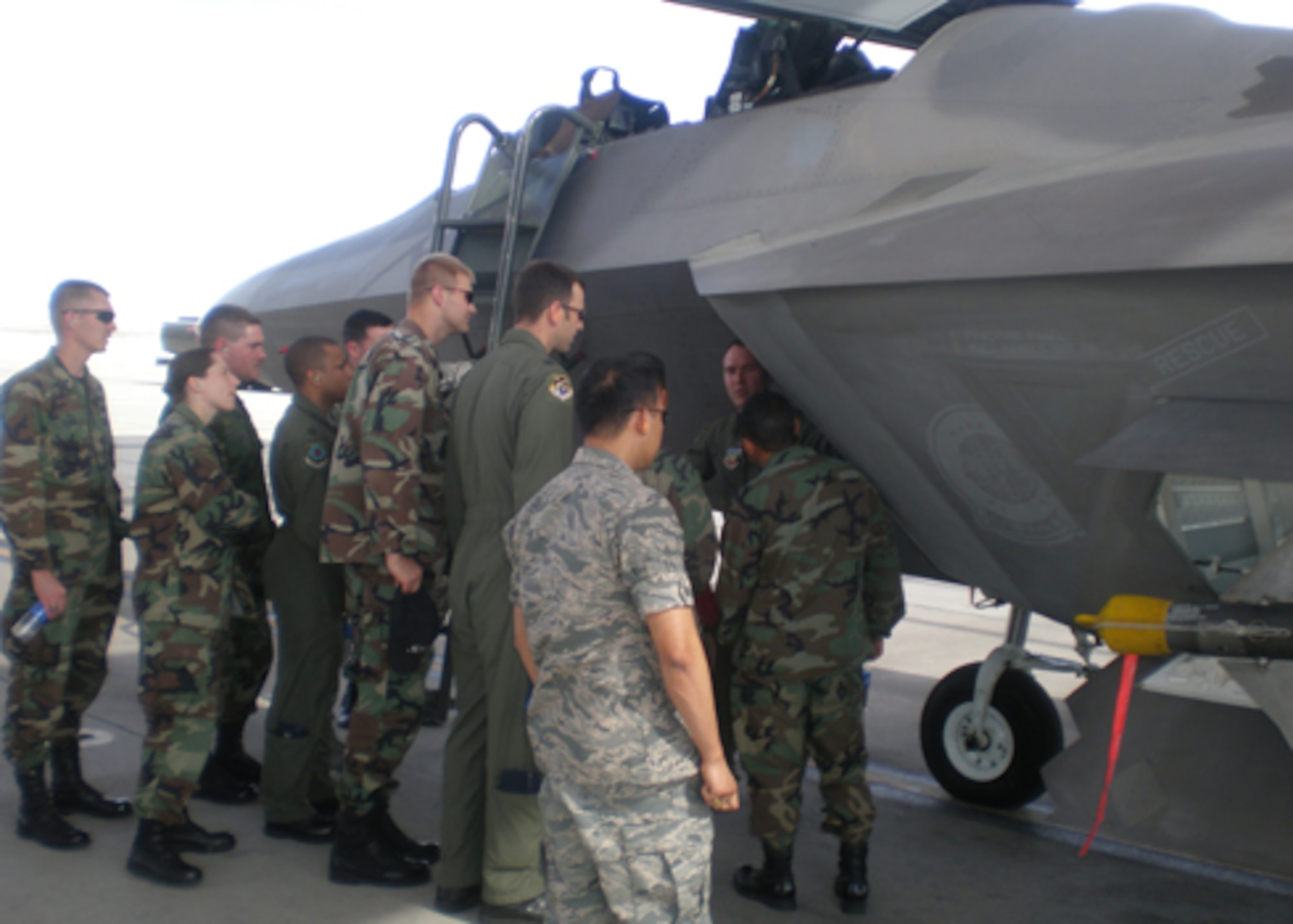 The Green Monster Warriors received a close up view of a F-22 during the group's visit to Nellis AFB, March 20.