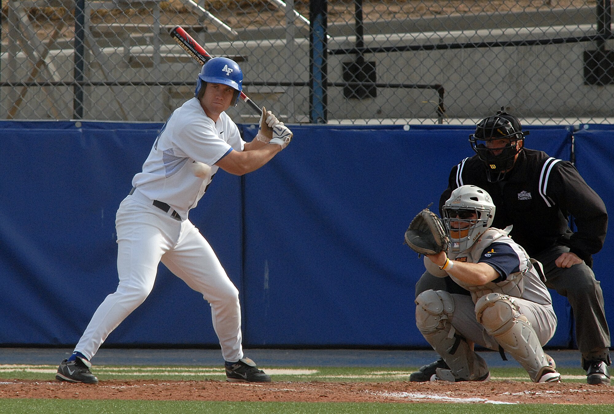 Sophomore designated hitter Matt Alexander takes a called ball as the Falcons rallied to a 10th inning 9-8 win against Colorado Christian in non conference baseball action at the Academy's Falcon Field. Air Force tallied 12 hits and did not commit an error in the field on the day. The Falcons improve to 11-19 on the season. (U.S. Air Force photo/Dave Ahlscwhede)