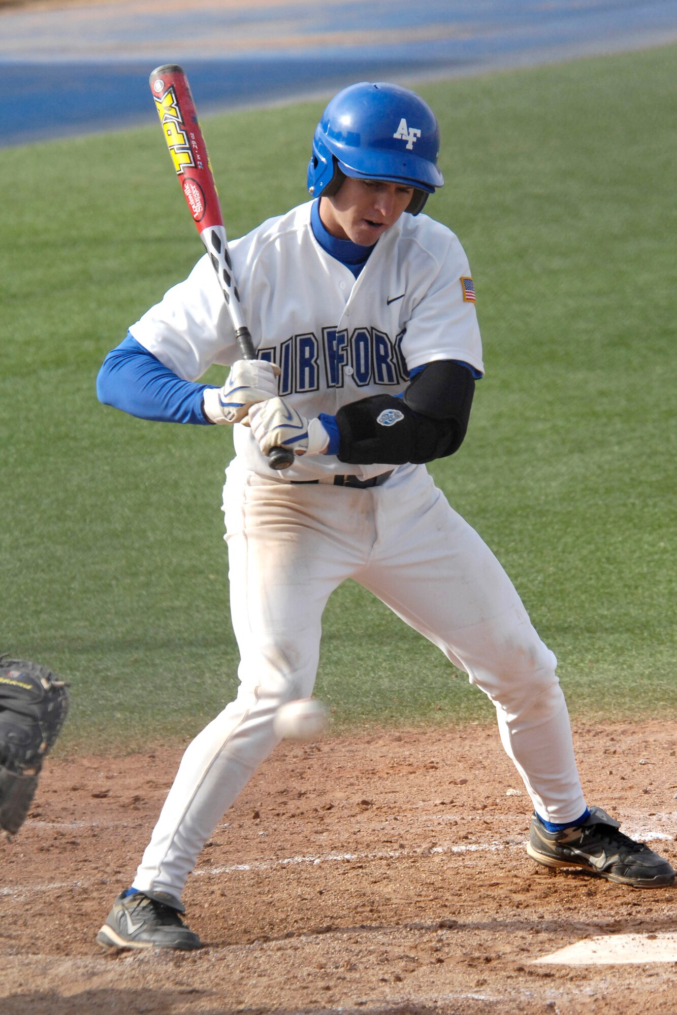 Freshman second baseman Nathan Carter at bat as the Falcons rallied to a 10th inning 9-8 win against Colorado Christian in non conference baseball action at the Academy's Falcon Field. Carter went 1 for 5 as Air Force tallied 12 hits and did not commit an error in the field on the day. The Falcons improve to 11-19 on the season. (U.S. Air Force photo/Mike Kaplan)