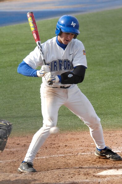 Freshman second baseman Nathan Carter at bat as the Falcons rallied to a 10th inning 9-8 win against Colorado Christian in non conference baseball action at the Academy's Falcon Field. Carter went 1 for 5 as Air Force tallied 12 hits and did not commit an error in the field on the day. The Falcons improve to 11-19 on the season. (U.S. Air Force photo/Mike Kaplan)