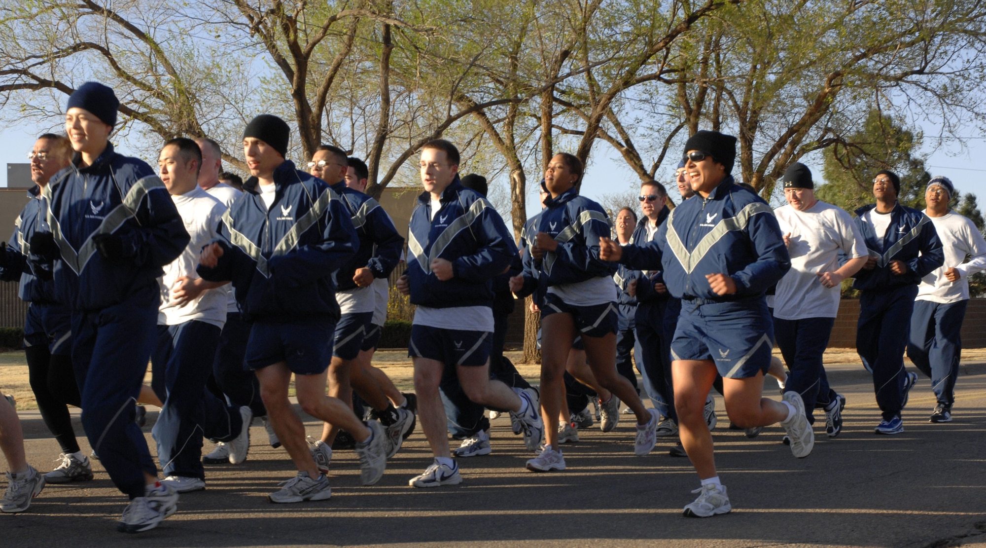 CANNON AIR FORCE BASE, N.M.-- Ch. (Capt.) Eusebia Rios, 27th Special Operations Wing, calls jodies for the first wing-wide commando run April 10. The purpose of the commando run was to boost morale and camarederie among the base Airmen. (U.S. Air Force photo by Airman 1st Class Evelyn Chavez)