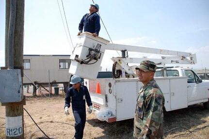 SOTO CANO AIR BASE, Honduras-Under the supervision of Staff Sgt. Jose Leal, Joint Task Force-Bravo electrician, contractors replace cables on a transformer bank which feeds power to Beyond the Horizon tent city.  Joint Task Force-Bravo, home to the 500 U.S. Army, Air Force and Navy personnel, is able to support more than 300 forward deployed troops for the multi-national, joint-force exercise Beyond the Horizon. (U.S. Air Force photo by Tech. Sgt. William Farrow) 