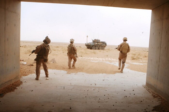 Marines with Charlie Company, 2nd Light Armored Reconnaissance Battalion, Regimental Combat Team 5, search underneath a highway bridge while conducting cache sweeps in western al-Anbar province, Iraq, April 10. The battalion, based out of Camp Lejuene, N.C., was replaced by 1st Light Armored Reconnaissance Battalion, RCT-5 after completing their combat tour in support of Operation Iraqi Freedom.::r::::n::
