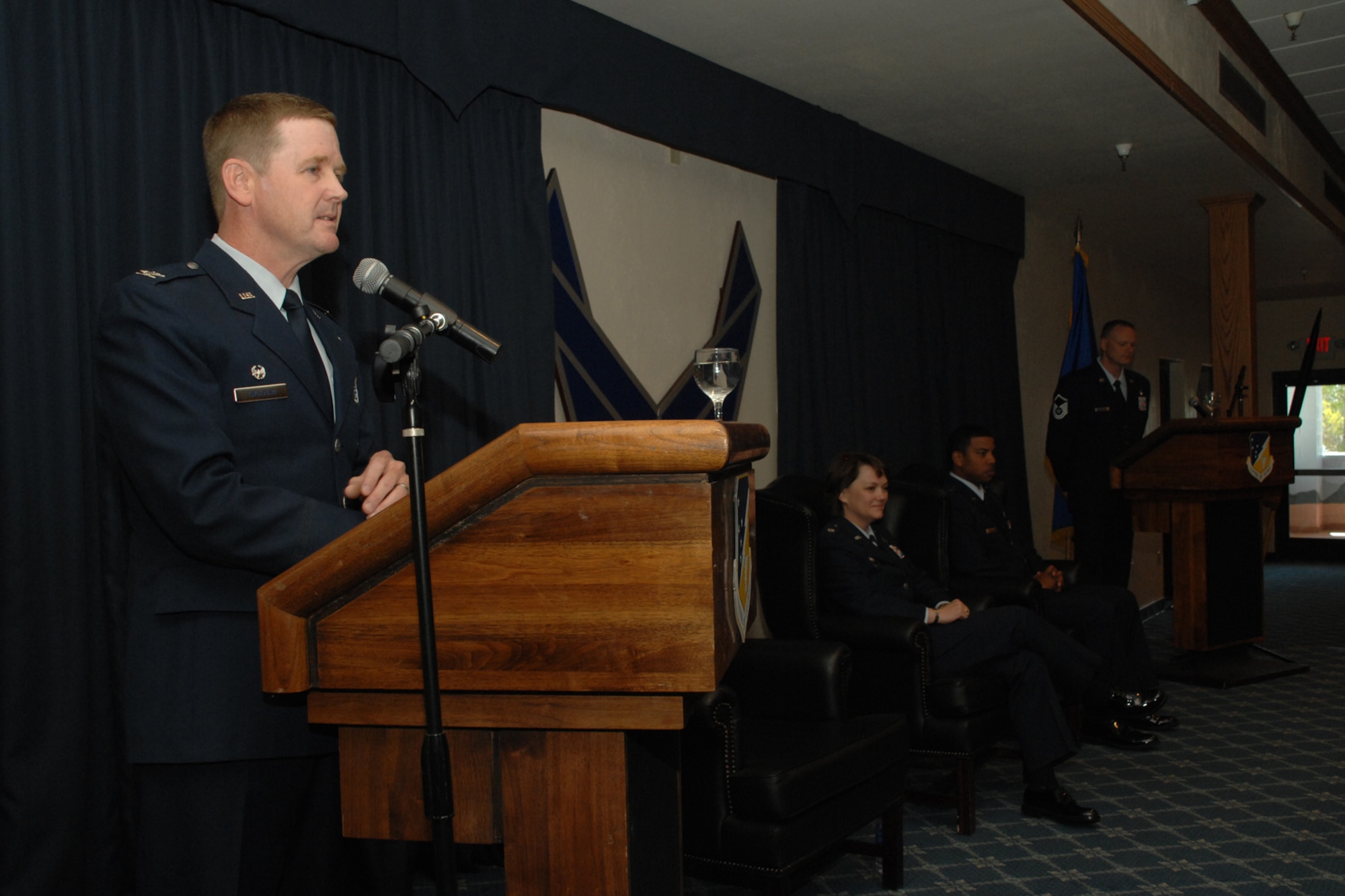 HOLLOMAN AIR FORCE BASE, N.M. -- 49th Mission Support Group Commander Colonel Mark Engeman gives remarks during a squadron merger ceremony here April 4. The ceremony combined the 49th Services Squadron and 49th Mission Support Squadron.