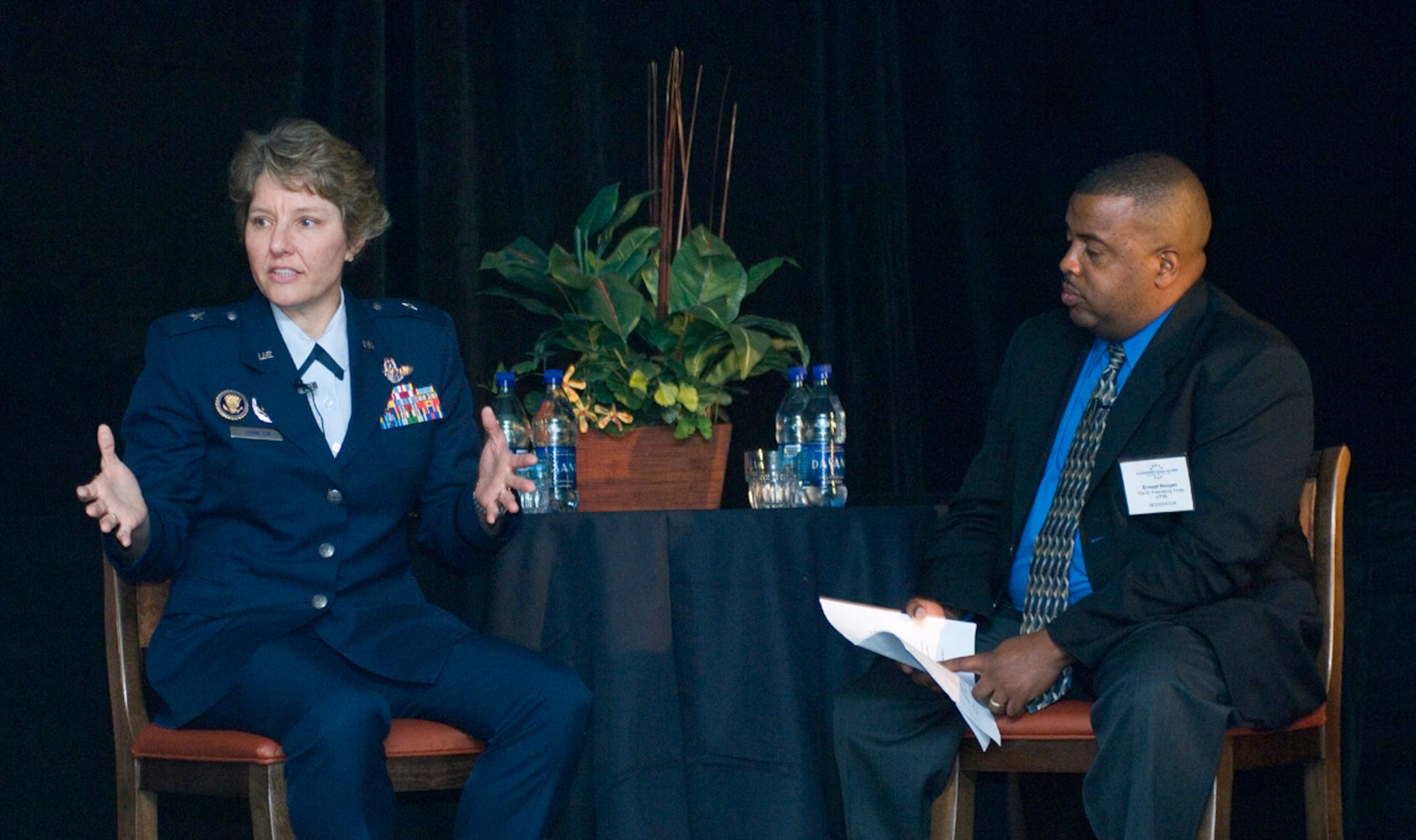 Brig. Gen. Michelle Johnson speaks during "Conversations of Influence" a NCAA Women's Final Four basketball tournament event with civil leaders and executives of Tampa, FL. April 7. General Johnson was selected by the NCAA to speak to woman athletes and participate at numerous NCAA events before the 2008 NCAA Woman's Final Four basketball tournament. She is the most decorated female athlete in Air Force Academy history. General Johnson is the deputy director for the war on terrorism in the Strategic Plans and Policy Directorate of the Joint Staff at the Pentagon in Washington. (U.S. Air Force photo/Staff Sgt. Bennie J. Davis III)
