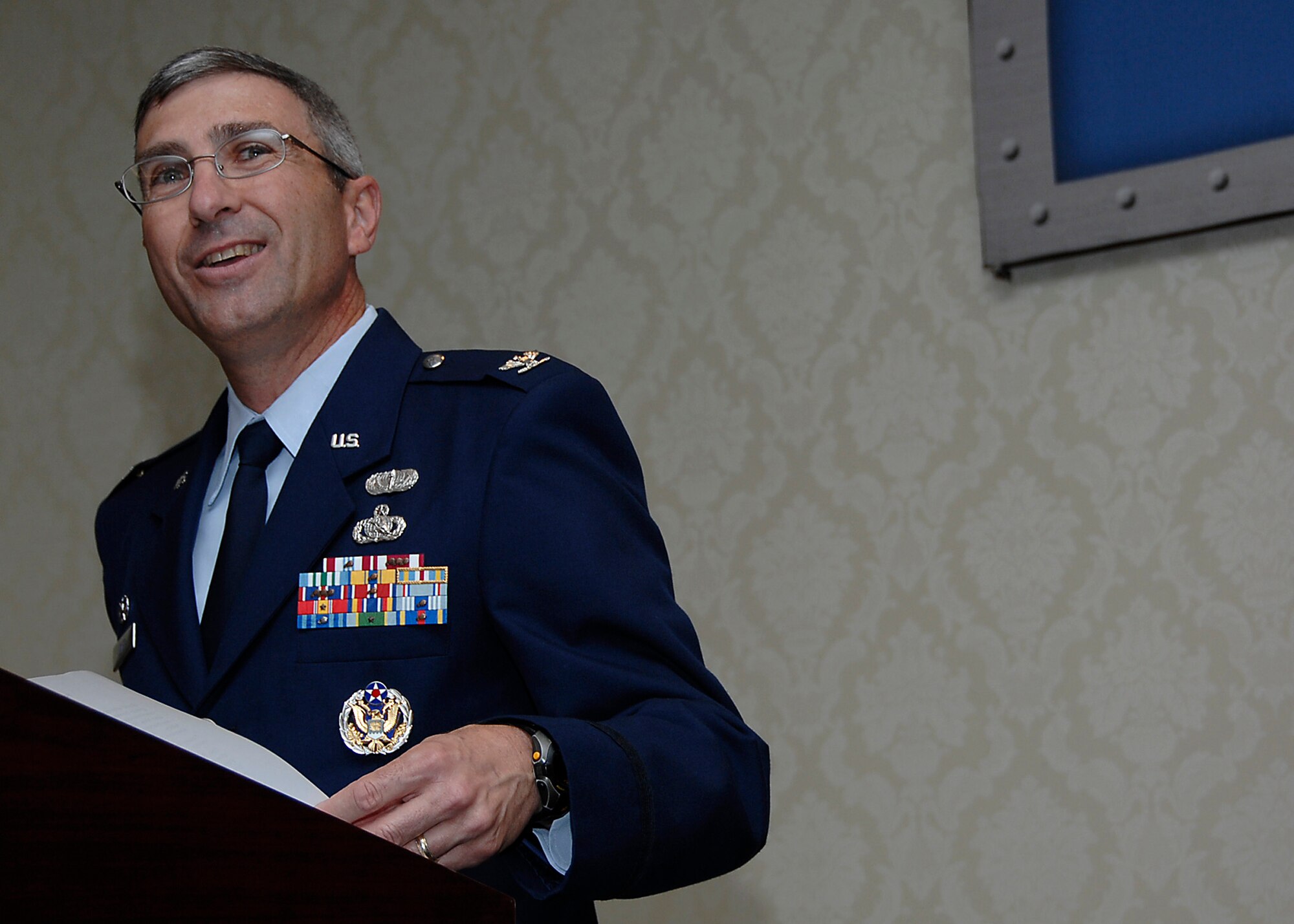 Col. Frank Jones, speaks during the 437th Mission Support Squadron and 437th Services Squadron merger ceremony on Charleston AFB April 10.  The 437th Force Support Squadron will handle all people, community support and quality of life programs for Team Charleston. Colonel Jones is the 437th Mission Support Group commander. (U.S. Air Force photo/Airman 1st Class Katie Gieratz)