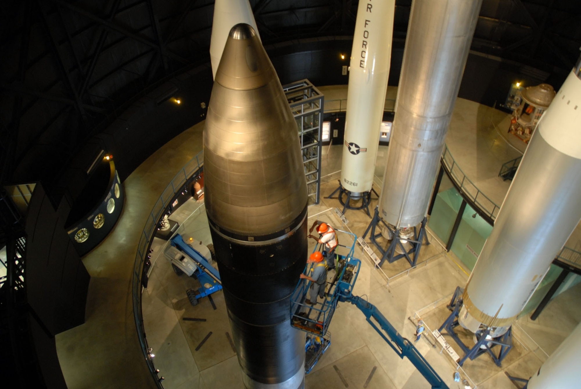 DAYTON, Ohio - Restoration staff assemble the Peacekeeper missile in the Missile & Space Gallery at the National Museum of the U.S. Air Force. (U.S. Air Force photo)