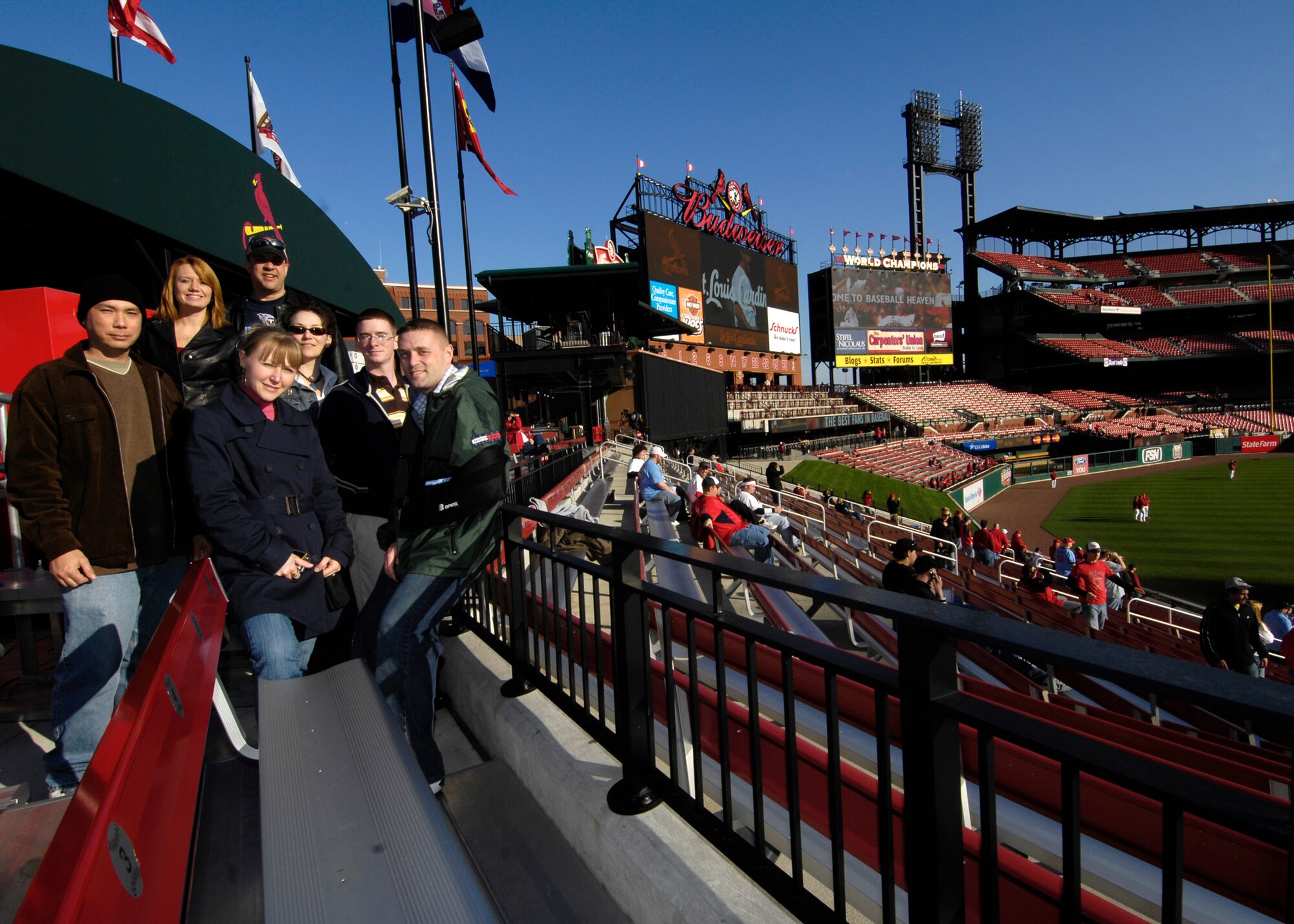 SCOTT AIR FORCE BASE, Ill. – Air Mobility Command’s 12 Outstanding Airmen of the Year and their spouses joined cheering on the Cardinals at Busch Stadium. The nominees toured St. Louis before the awards ceremony April 3. (U.S. Air Force photo/Senior Airman Mildred Guevara)