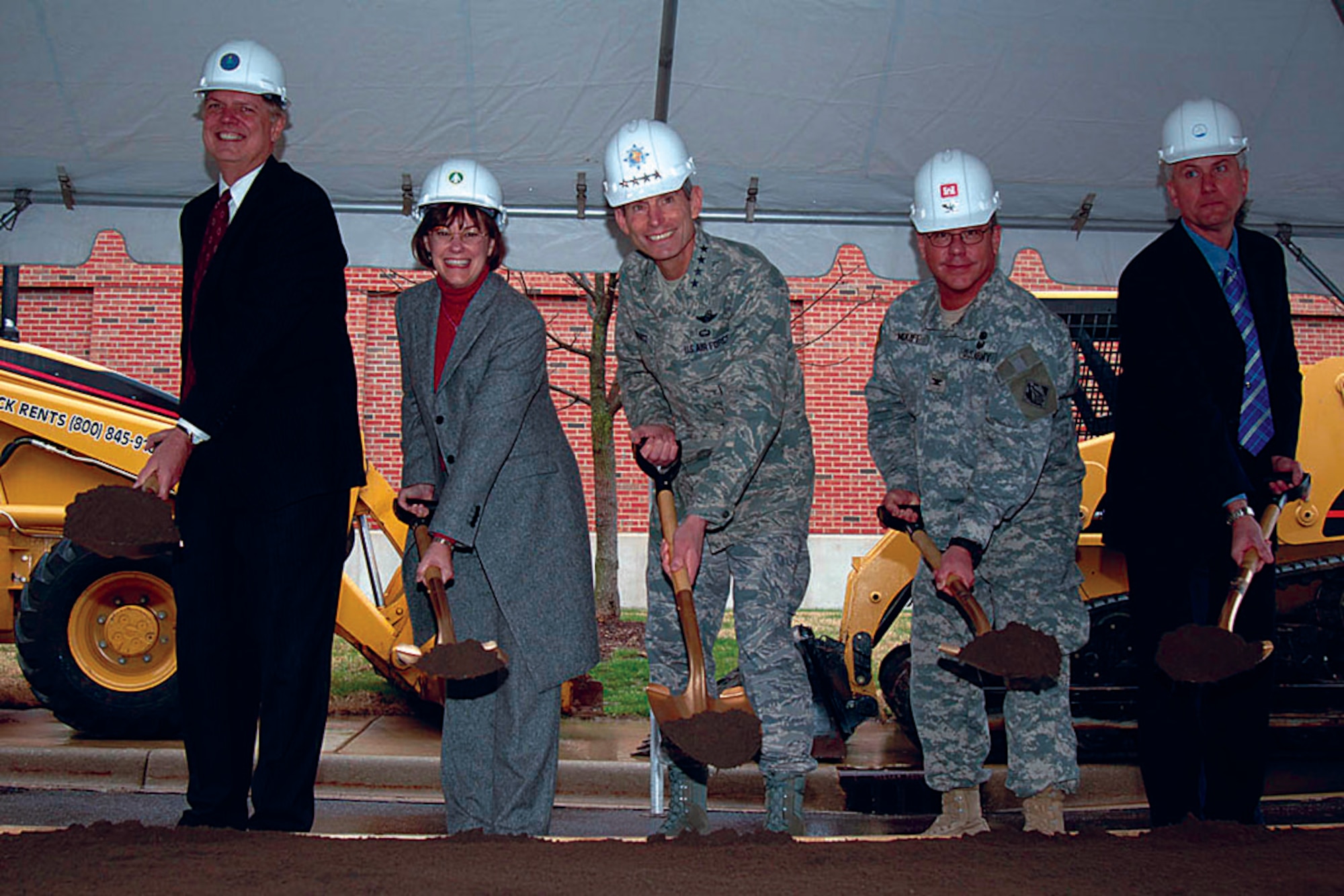 SCOTT AIR FORCE BASE, Ill. – Gen. Norton Schwartz (center), U.S. Transportation Command commander, joins others in a ceremonial groundbreaking for the new $93.6 million U.S. TRANSCOM facility that will house several inter-service agencies. (U.S. Air Force photo/Senior Airman Kristin Capps)