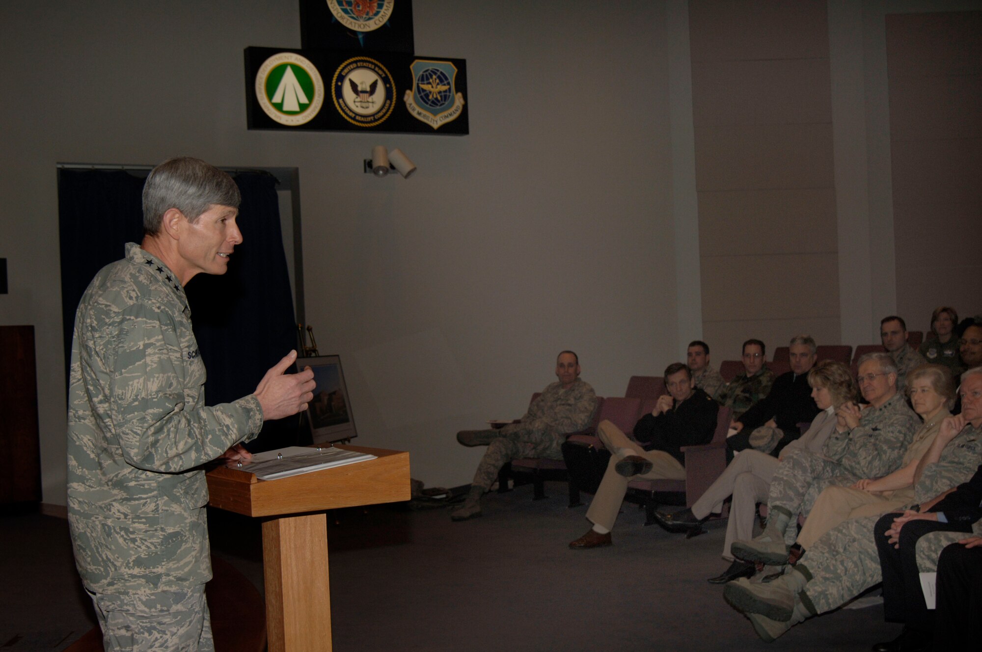 SCOTT AIR FORCE BASE, Ill. -- Gen. Norton Schwartz, U.S. Transportation Command commander, speaks during the groundbreaking ceremonies held last week to commemorate the construction of a new $93.6 million building. Due to inclement weather, the groundbreaking ceremony was moved inside. (U.S. Air Force photo/Senior Airman Kristin Capps)