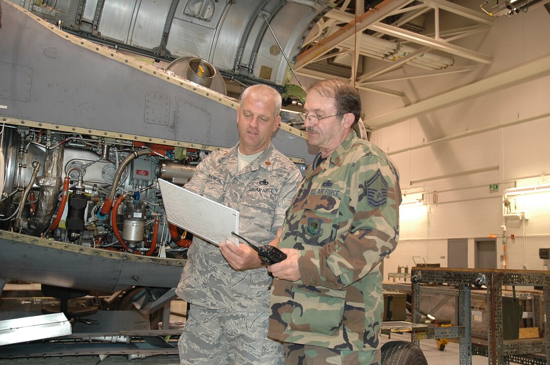 Maj. Peter Wojihowski, 94th Aircraft Maintenance Flight commander, talks things over with Senior Master Sgt. Larry Daugherty, the flights production superintendent.