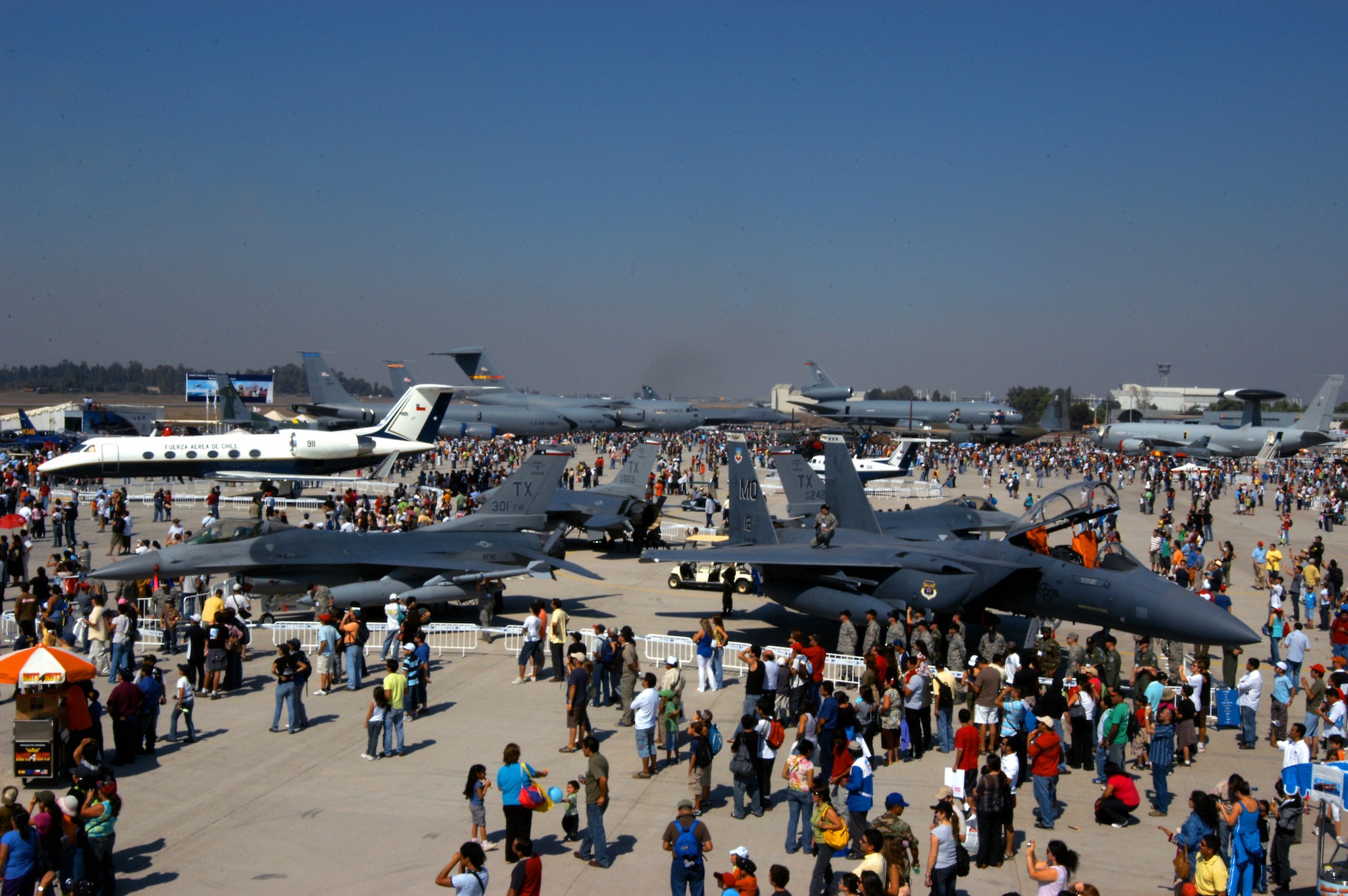 The crowd mingles around U.S. Air Force aircraft at FIDAE 2008, one of the largest air shows in South America, in Santiago, Chile. A host of aircraft and Airmen also participated in Exercise Newen 2008, which emphasizes cooperation between the U.S. and Chilean militaries. (U.S. Air Force photo/Master Sgt. Jason Tudor)