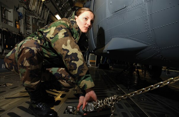 Senior Airman Amanda Zimmerman, 33rd Aircraft Maintenance Unit, checks the tie downs for an HH-60 Pave Hawk April 4 before its transported to Alaska for the Red Flag exercise.
(U.S. Air Force photo/Senior Airman Jeremy McGuffin)