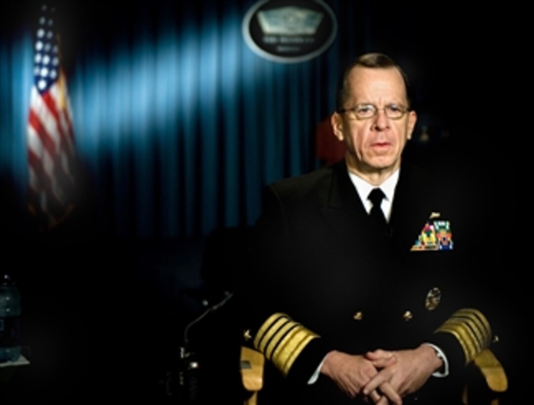 U.S. Navy Adm. Mike Mullen, chairman of the Joint Chiefs of Staff, speaks during an interview at the Pentagon on CNN's "American Morning," Washington, D.C., April 11, 2008. 