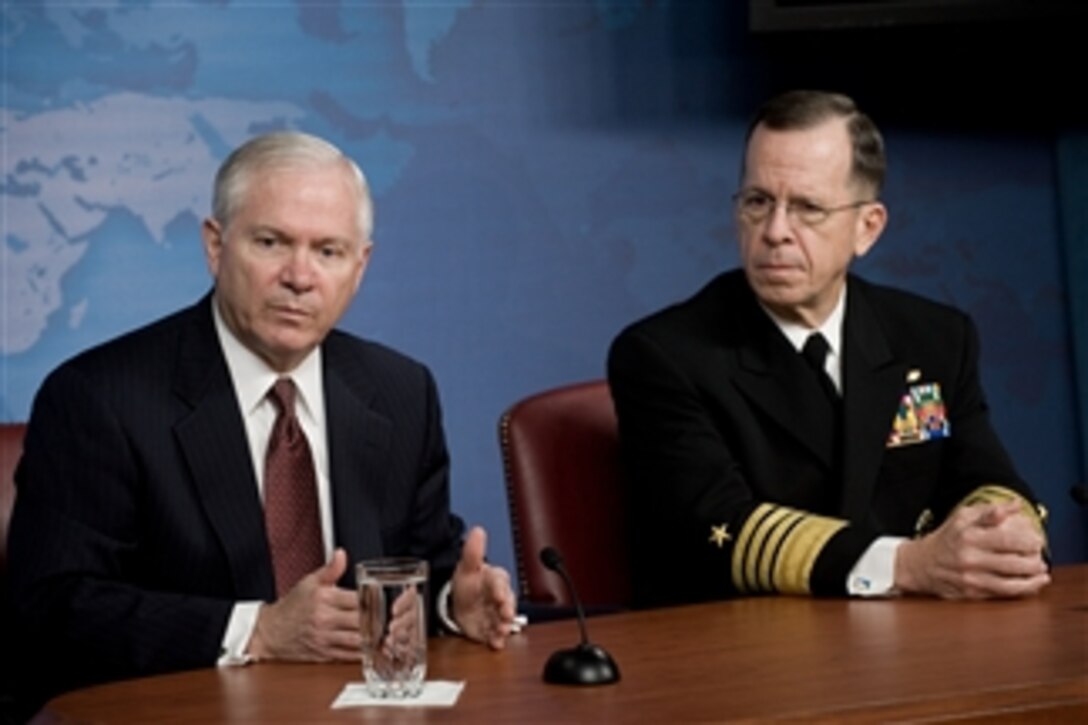 Defense Secretary Robert M. Gates, left, and U.S. Navy Adm. Mike Mullen, chairman of the Joint Chiefs of Staff, brief reporters at the Pentagon on the way ahead in Iraq, April 11, 2008. 
