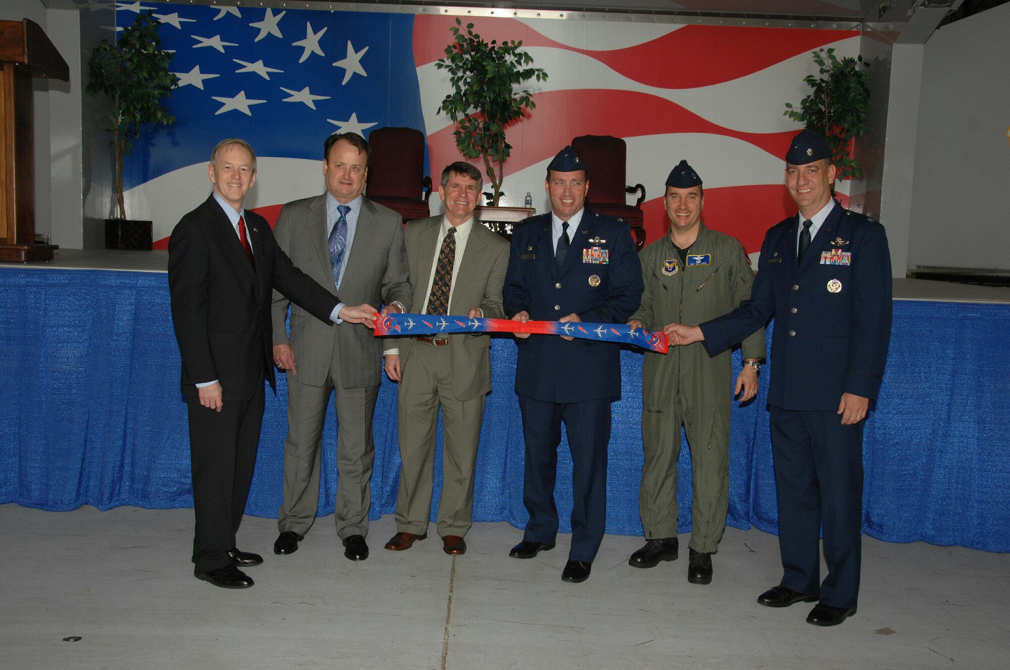 SEYMOUR JOHNSON AIR FORCE BASE,  N.C. -- Past and present commanders of the 911th Air Refueling Squadron came here on April 12 to be a part of the 911th activation ceremony. From left to right are: Lt. Gen. (ret) Charles Coolidge, 911th commander from 1981-1983, Col. (ret) Marc Felman, 1993-1994, Col. (ret) Tim Gann, 1994-1996, Col. Jon Klaus, 2003-2004, Lt. Col. Pat Sullivan, 2005-2007 and Lt. Col. Bill Uptmor, present commander.