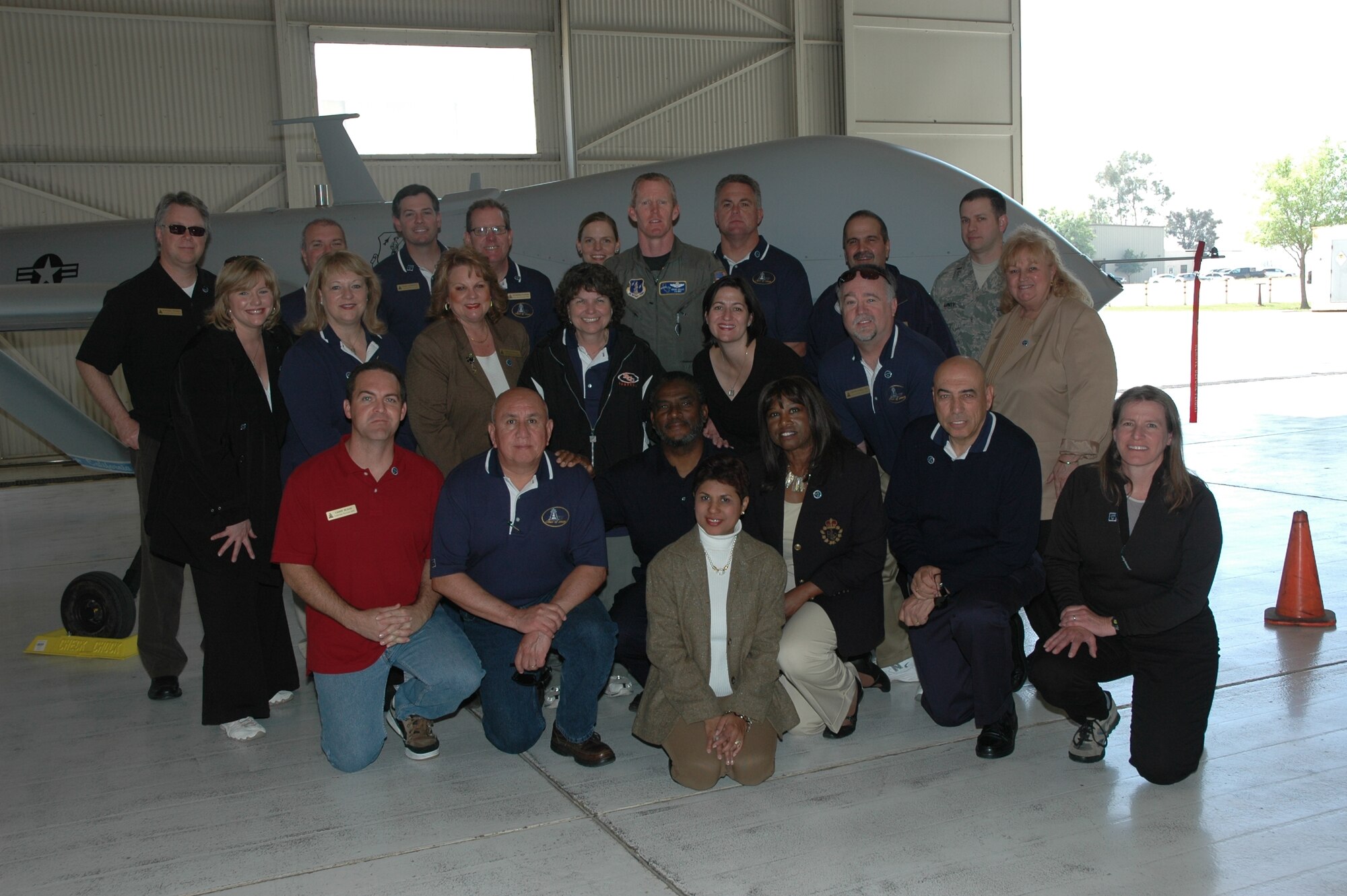 The 2008 class of Leadership Riverside poses by a Predator static display during their tour of the base on Friday. Leadership Riverside increases participants’ knowledge of local governmental and institutional programs. The Greater Riverside Chamber of Commerce has sponsored this program for 16 years. The year-long program informs participants about a wide range of subject such as: local government, military and homeland security, culture and history, economic development, health, education, social services and recreation. The group visited the 144th Fighter Wing, 163rd Reconnaissance Wing, KC-135s, C-17s, Defense Media Center, C-17 simulator, Air and Marine Operations Center and experienced a virtual parachute jump. (U.S. Air Force photo by Major Brenda Hendricksen)