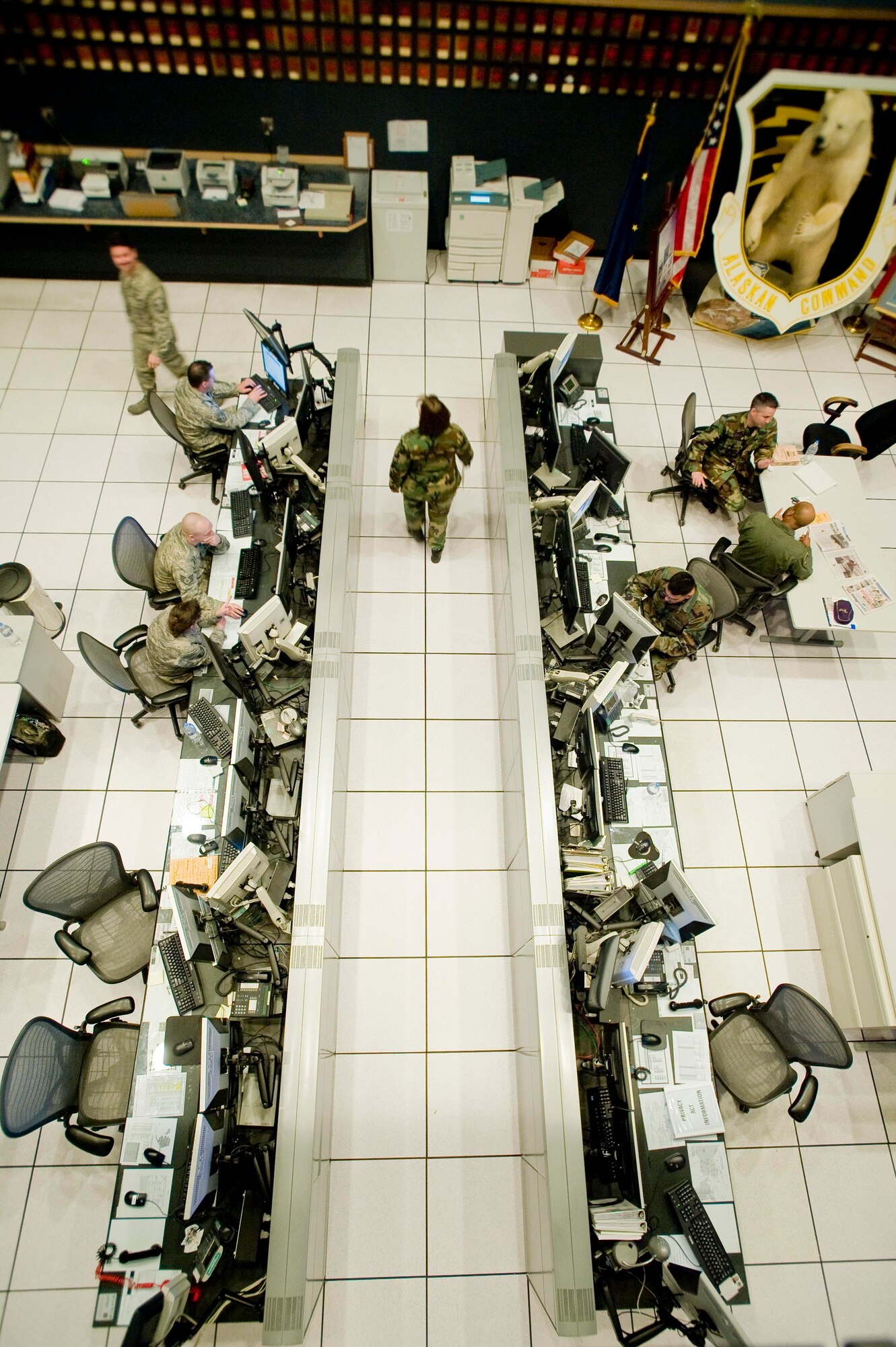 ELMENDORF AIR FORCE BASE ALASKA -The 176 Air Control Squadron keeps their eyes on the sky in the Region Air Operation Center. The 176th ACS is part of Alaskan North American Aerospace Defense Command (NORAD) Region whose mission is to protect Alaska air sovereignty. (U.S. Air Force photo by Airman 1st Class Jonathan Steffen) 
