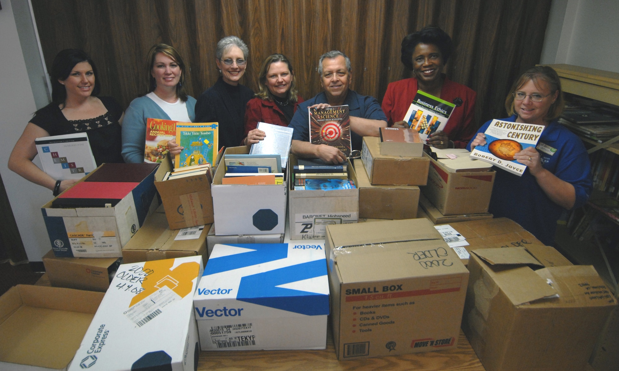 VANDENBERG AIR FORCE BASE, Calif. -- Staff members from the University of La
Verne donated three car loads and ten thousand dollars worth of books to the
base library as a gesture of support on Apr. 9. These books are in both new and used condition and cover a broad spectrum of topics including popular fiction to educational materials such as international marketing. This donation will help to provide the patrons of the Vandenberg community with more to choose from at the library. (U.S. Air Force photo / Senior Airman Christopher Hubenthal)