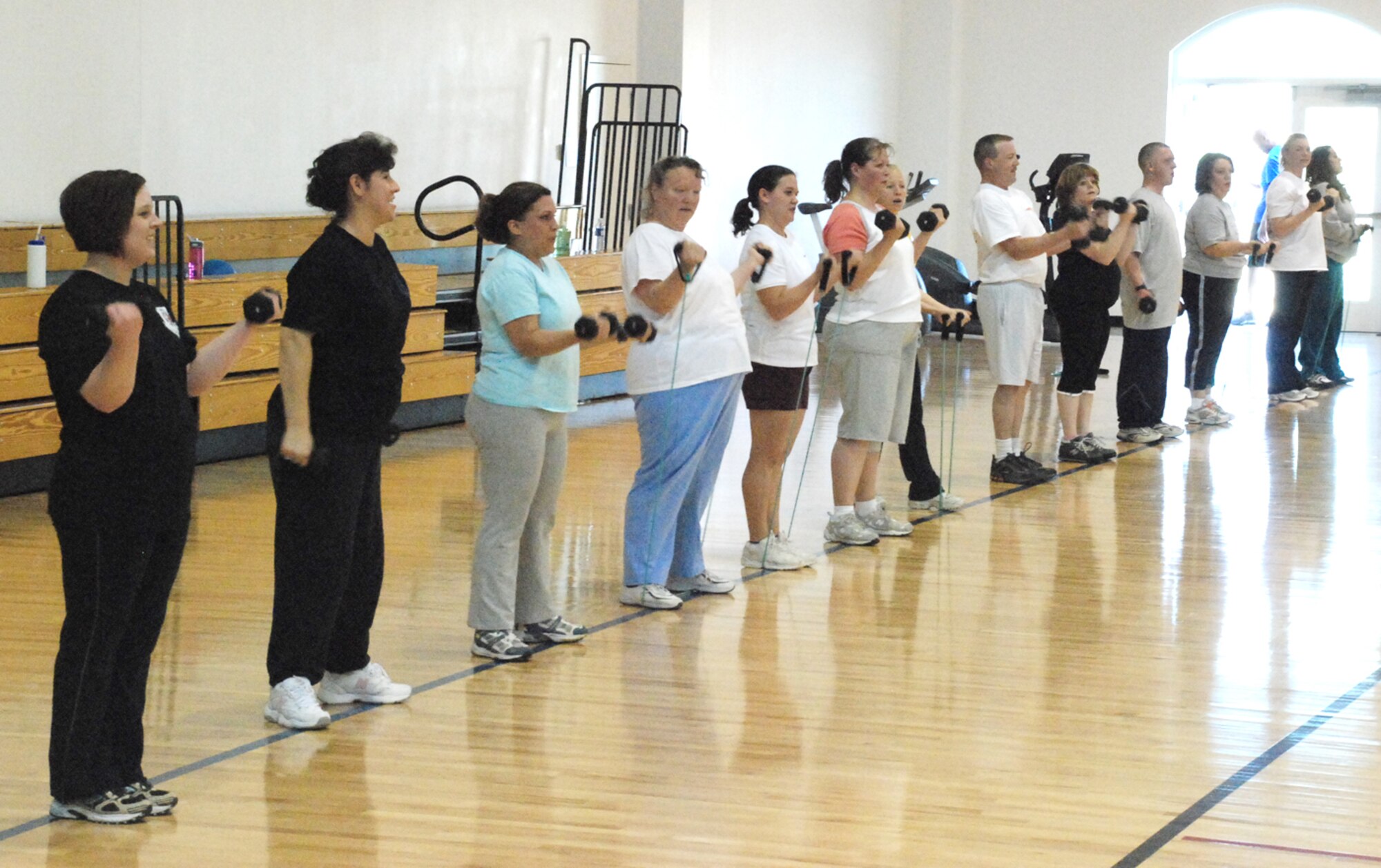 Seventeen Warren members workout during a scheduled training day Tuesday in the base fitness center for Warren’s Biggest Loser competion. The workouts are self-paced and designed to help the participants remain active throughtout the hour-long routine (U.S. Air Force photo/Staff Sgt. Chad Thompson).
