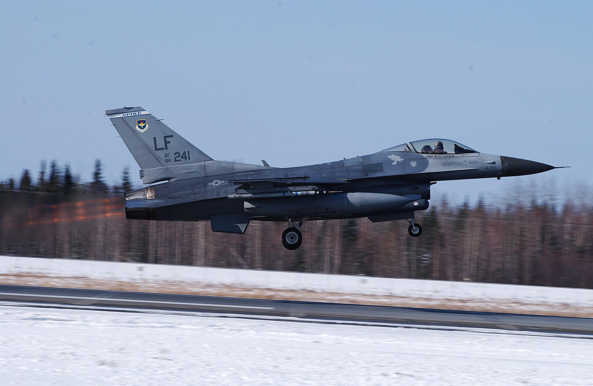 A F-16 Fighting Falcon takes off from the runway with full after burner at Eielson Air Force Base, Alaska April 11, 2008. RED FLAG-Alaska 08-2 is a Pacific Air Forces command directed field training exercise which provides joint offensive counter-air, interdiction, close air support and large force employment training in a simulated combat environment. The aircraft is assigned to Luke Air Force Base, Ariz. (U.S. Air Force Photo/Airman 1st Class Jonathan Snyder)