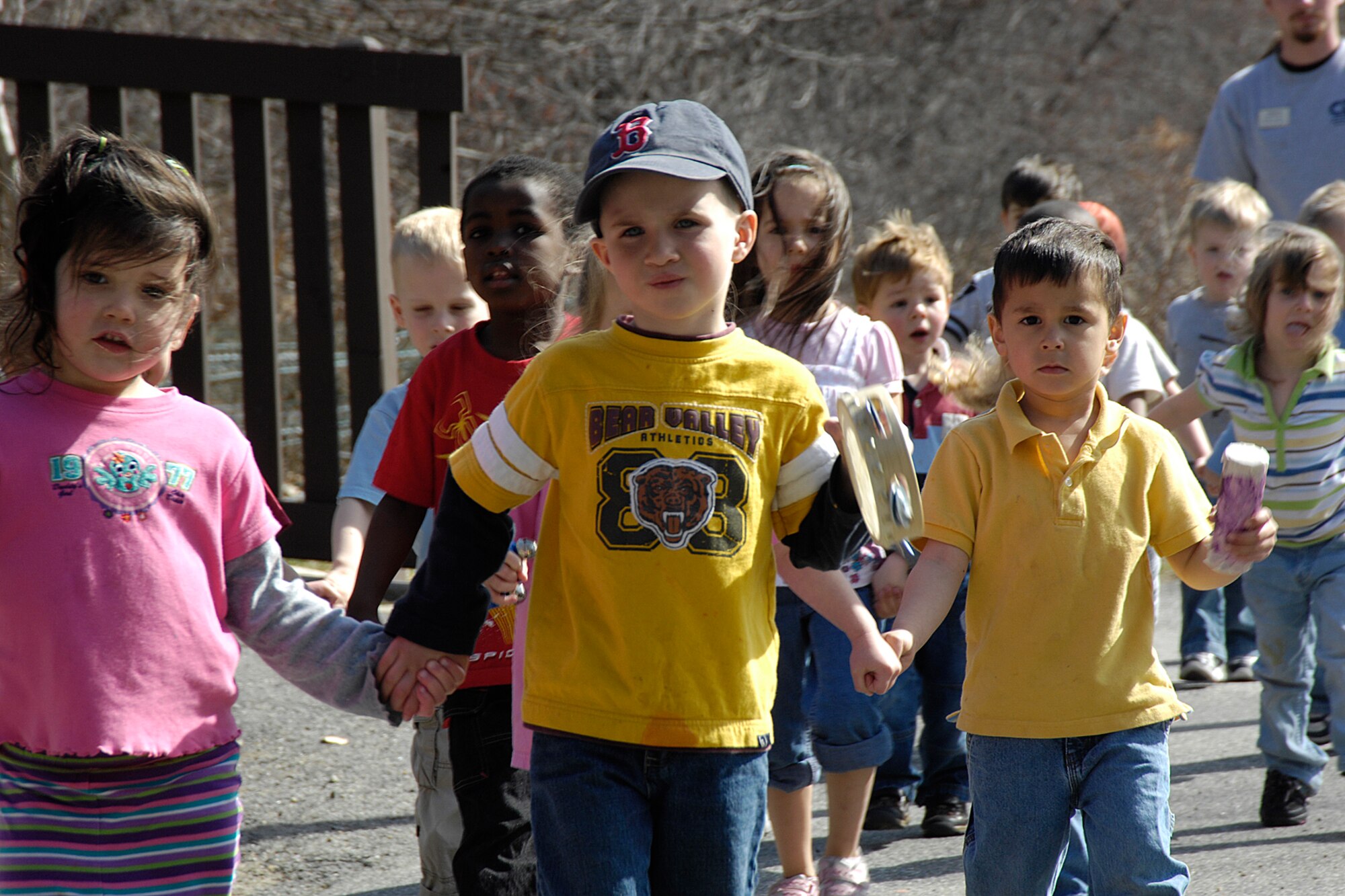 HANSCOM AFB, Mass. – Children, parents and caregivers from the Hanscom Child Development Center take part in a Musical Magic March in Castle Park on April 10 to celebrate Month of the Military Child. Activities are planned throughout the month of April to celebrate the sacrifices made by military children. Celebrations will wrap up with the Walk ‘N’ Talk event on April 26 at Castle Park from 11 a.m. to 2 p.m. (U.S. Air Force photo by Linda LaBonte Britt)