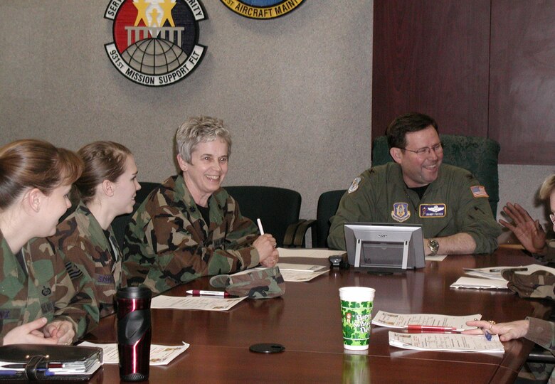 Lt. Col. Sue Lovas (center) shares a laugh with fellow members of the 931st Air Refueling Group's Human Resource Development Council.  Colonel Lovas is in charge of the 931st's Equal Opportunity Office, formerly known as Military Equal Opportunity.