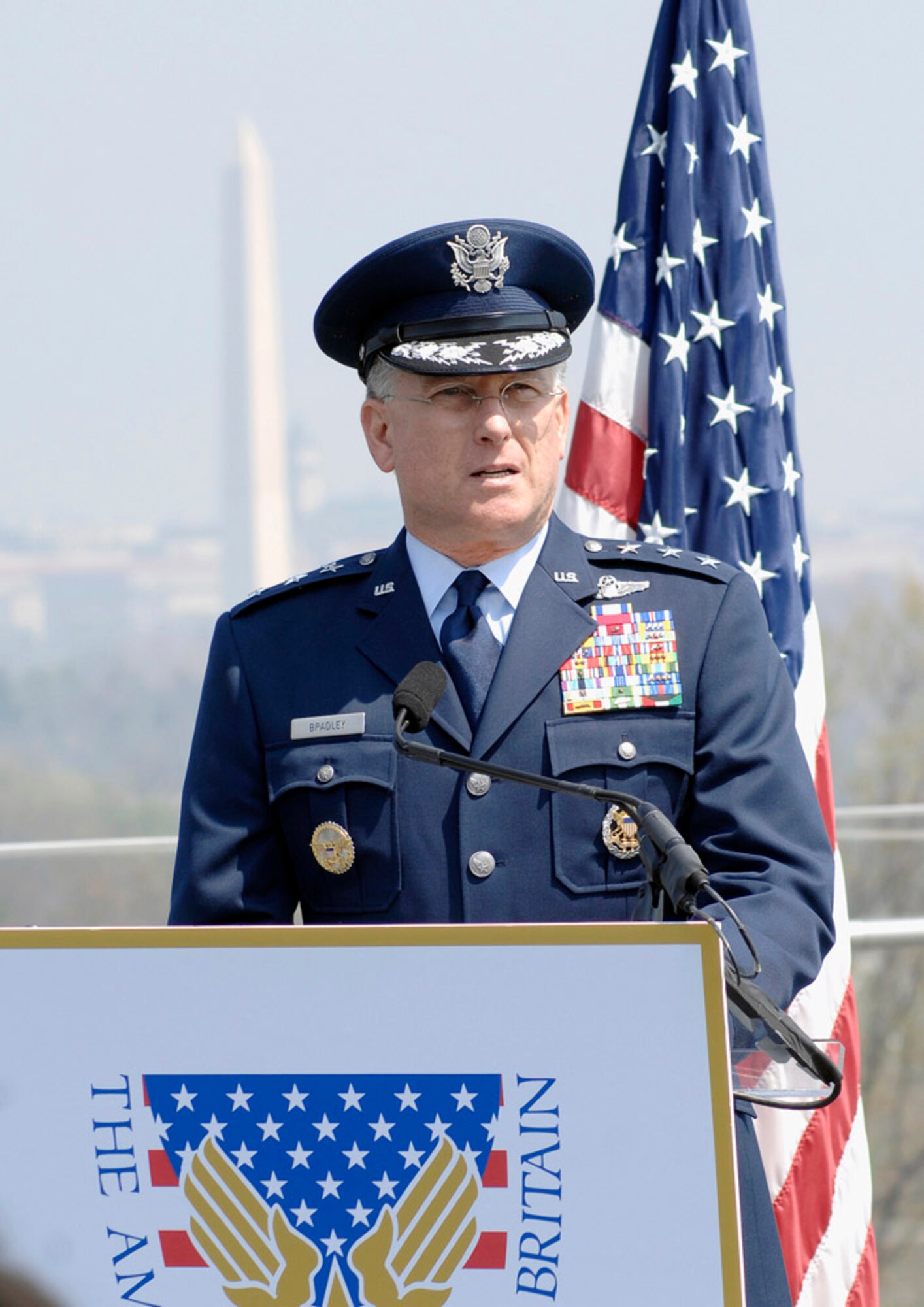 Lt. Gen. John A. Bradley represents the Air Force at a ceremony honoring the 30,000 American Airmen who gave their lives flying from British bases during World War II April 10 at the Air Force Memorial in Arlington, Va. The event was arranged by the American Air Museum at Duxford, England, which is celebrating its 10th anniversary. The first Americans to serve in England were based at Duxford in 1918. During World War II it was also home to the 78th Fighter Group from 1943 to 1945. General Bradley is the chief of Air Force Reserve. (U.S. Air Force photo/Andy Morataya) 