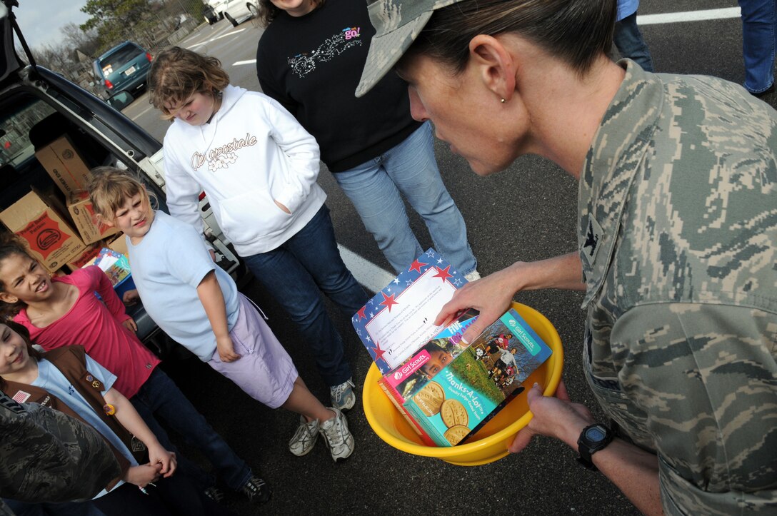 WRIGHT-PATTERSON AFB, Ohio -- Colonel Karen Cleary, National Air and Space Intelligence Center Commander talks to Brownie Troop 330 and their families here on 11 Apr. The Brownie troop took donations during their annual Girl Scout cookie sales and provided NASIC with more than 200 boxes of cookies to get distributed among deployed troops.
(U.S. Air Force photo/Staff Sgt Joshua Strang)