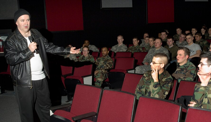 FAIRCHILD AIR FORCE BASE, Wash. – Ben Atherton-Zeman, educational comedian and feminist activist, portrays a repentant Rocky Balboa to demonstrate the wrongfulness of coercion toward women here April 10. Mr. Atherton-Zeman delivered a performance on proper conduct and behavior toward women. (U.S. Air Force photo / Airman 1st Class Joshua Chapman)