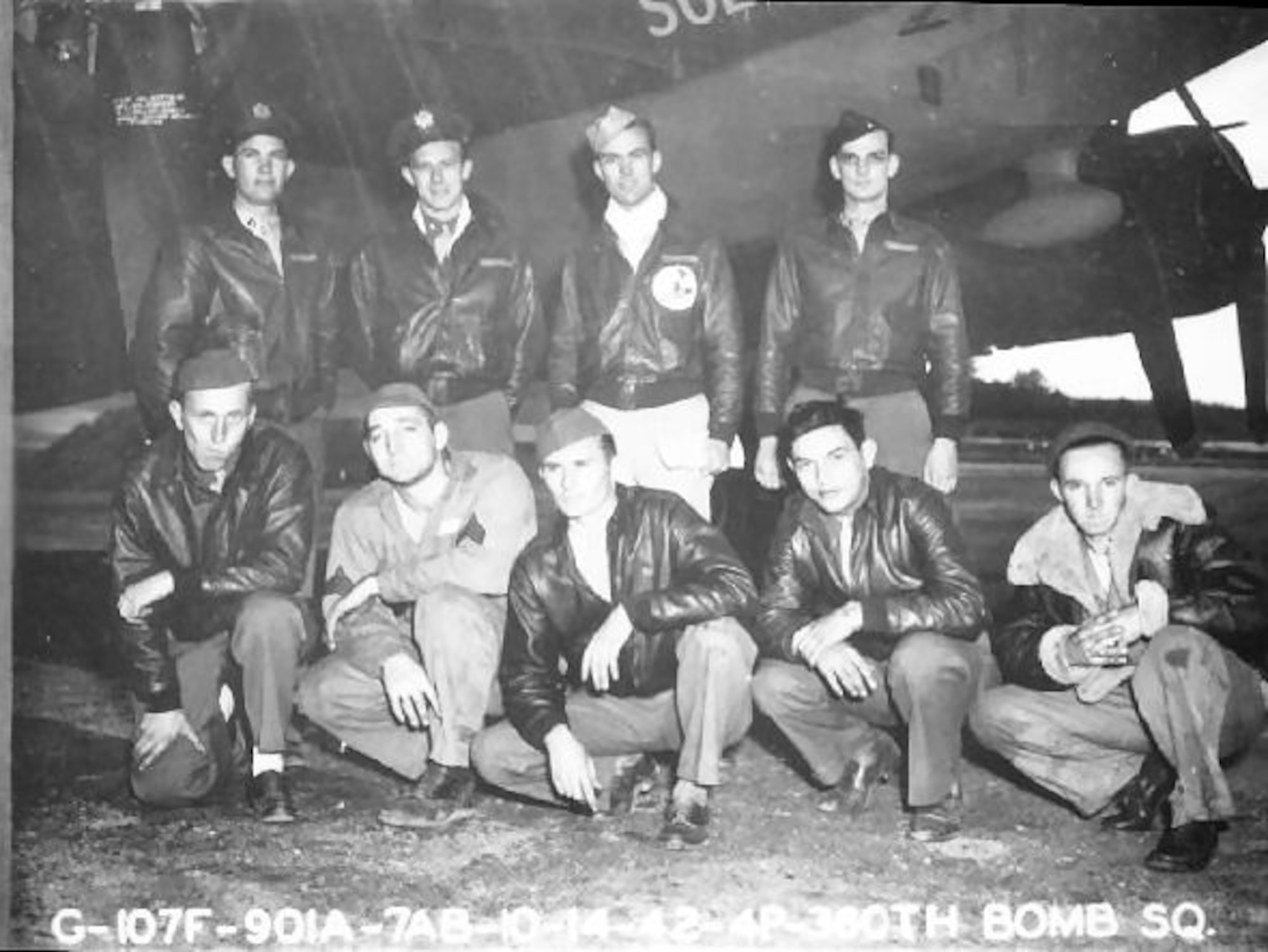 LEWIS E. LYLE CREW - 360th BS
B-17F Ooold Soljer #41-24559 (PU-C) 
(original crew assigned 360BS: 06 Mar 1942 - photo: 14 Oct 1942)

(Back L-R) Major Lewis E. Lyle (P), 1Lt Keith O. Bartlett (CP(KIA),
Capt Paul G. Moore (N), 2Lt Anton H. Haas (B)

(Front L-R) T/Sgt Gene K. Smith (E)(KIA), S/Sgt Edward R. Bradford (RWG)(KIA),
S/Sgt Woodrow W. Smith (LWG/TG)(KIA), T/Sgt Clayton S. Balcombe (R)(INJ/B/O),
S/Sgt Robert A. Sangster (BTG)(KIA) 
(Photo Courtesy of 303rd Bomb Group Association)