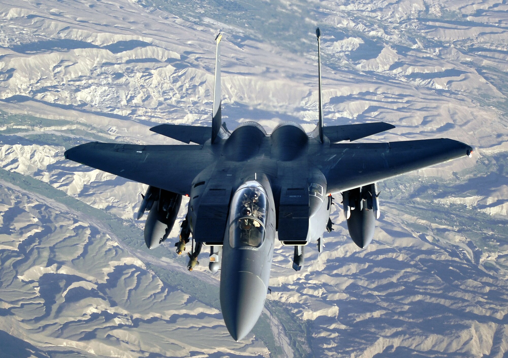 An F-15E Strike Eagle conducts a mission over Afghanistan. The F-15 frequently performs shows of force to deter enemy activities and protect coalition forces on the ground in Afghanistan and Iraq. (U.S. Air Force photo/Master Sgt. Lance Cheung)