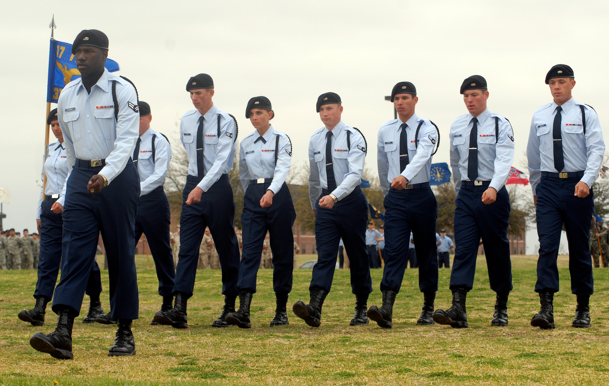 Members from the 315th Training Squadron’s drill team perform during the Pass in Review. Both the 315th and 316th Training Squadrons performed drill movements during the ceremony March 28. (U.S. Air Force photo by Senior Airman Kamaile Chan)