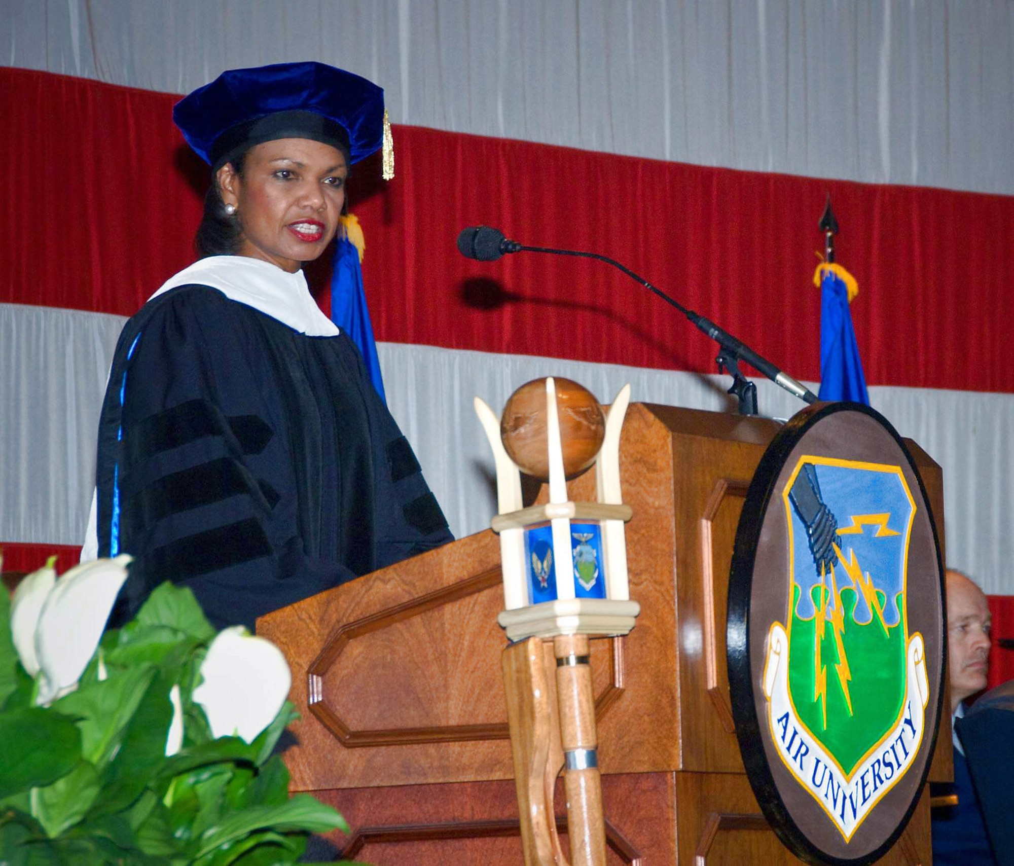 Secretary of State Condoleezza Rice speaks to Air University's board of visitors, commanders, faculty and students after receiving an honorary Doctor of Letters degree from university officials April 14 at Maxwell Air Force Base, Ala. Air University bestowed the honor for her academic achievements and contributions to international relations and national security. (U.S. Air Force photo/Donna Burnett) 
