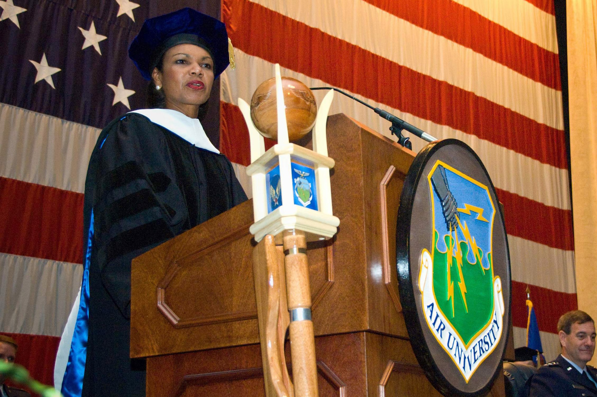 Secretary of State Condoleezza Rice speaks to Air University's board of visitors, commanders, faculty and students after receiving an honorary Doctor of Letters degree from university officials April 14 at Maxwell Air Force Base, Ala. Air University bestowed the honor for her academic achievements and contributions to international relations and national security. (U.S. Air Force photo/Donna Burnett) 
