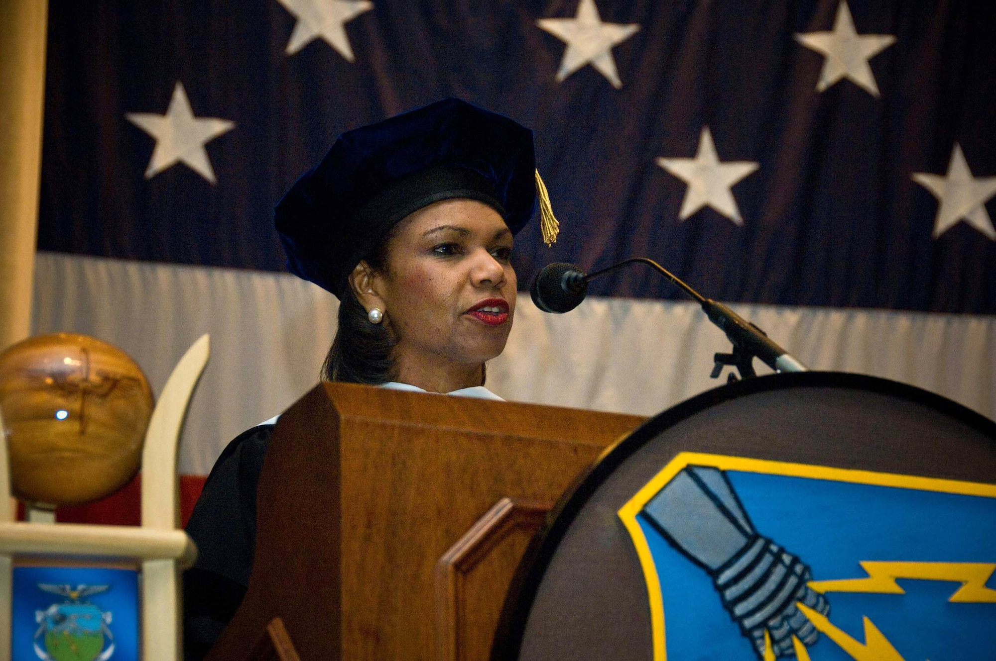 Secretary of State Condoleezza Rice speaks to Air University's board of visitors, commanders, faculty and students after receiving an honorary Doctor of Letters degree from university officials April 14 at Maxwell Air Force Base, Ala. Air University bestowed the honor for her academic achievements and contributions to international relations and national security. (U.S. Air Force photo/Donna Burnett) 
