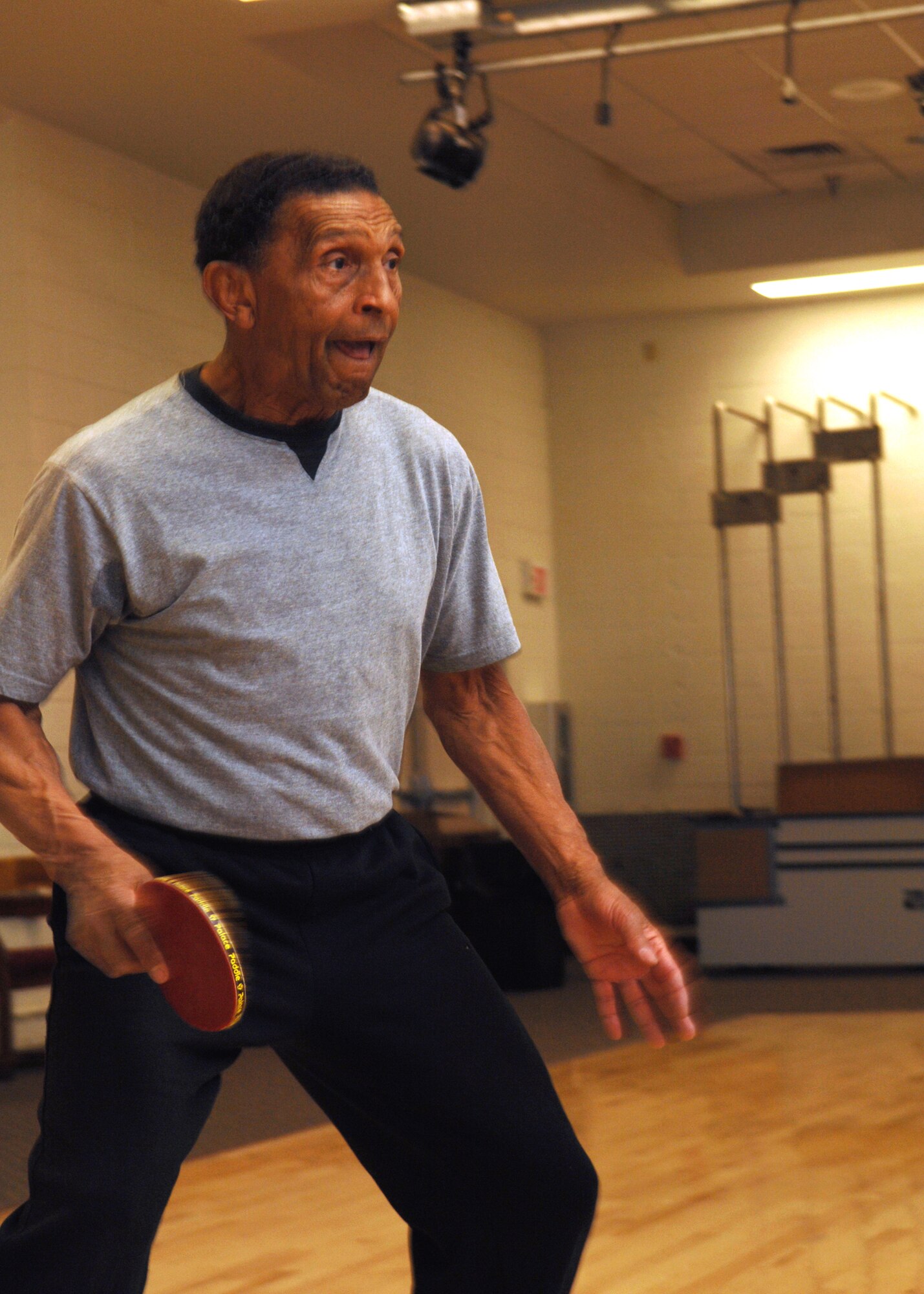 HOLLOMAN AIR FORCE BASE, N.M. ? Monroe Ratchford, a retired Air Force master sergeant, participates in a ping pong tournament at the Community Center here April 11. The Community Center holds ping pong tournaments once a month. (U.S. Air Force photo by Airman Sondra M. Wieseler)