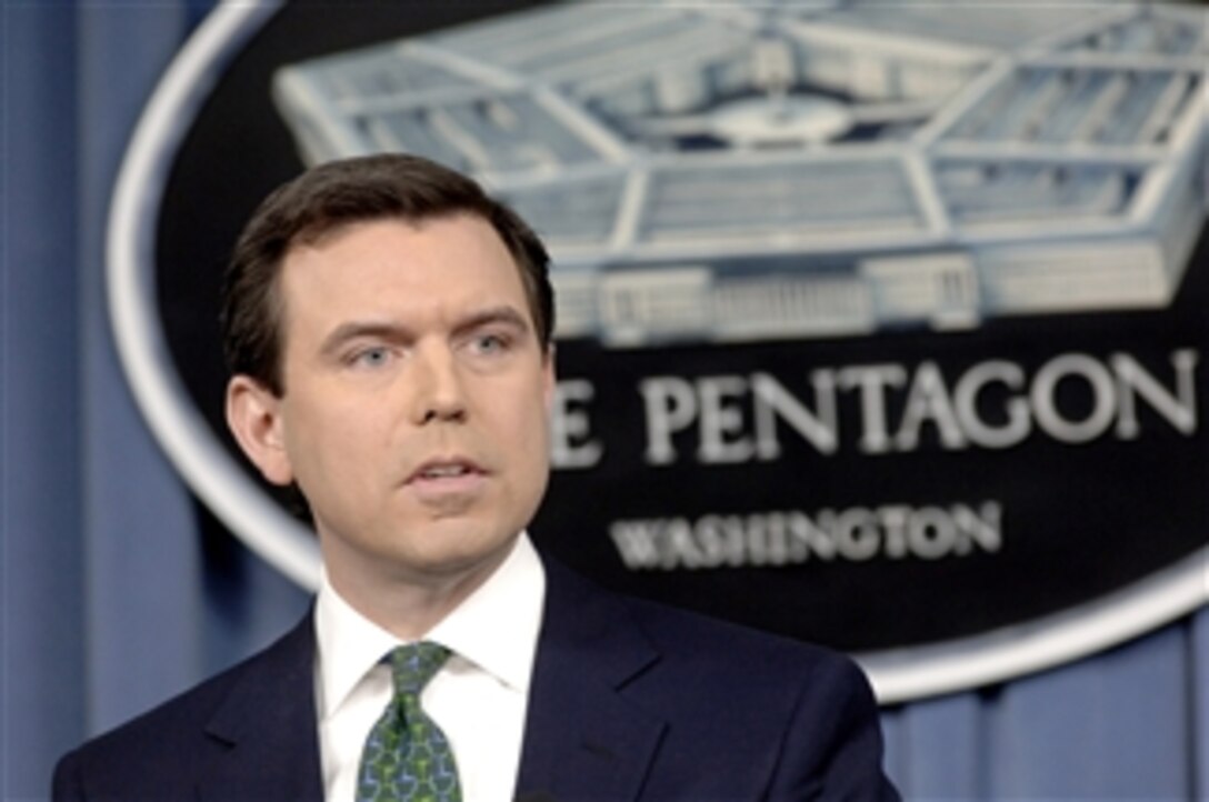 Pentagon Press Secretary Geoff Morrell responds to a reporter's question during a press briefing in the Pentagon on April 15, 2008.  